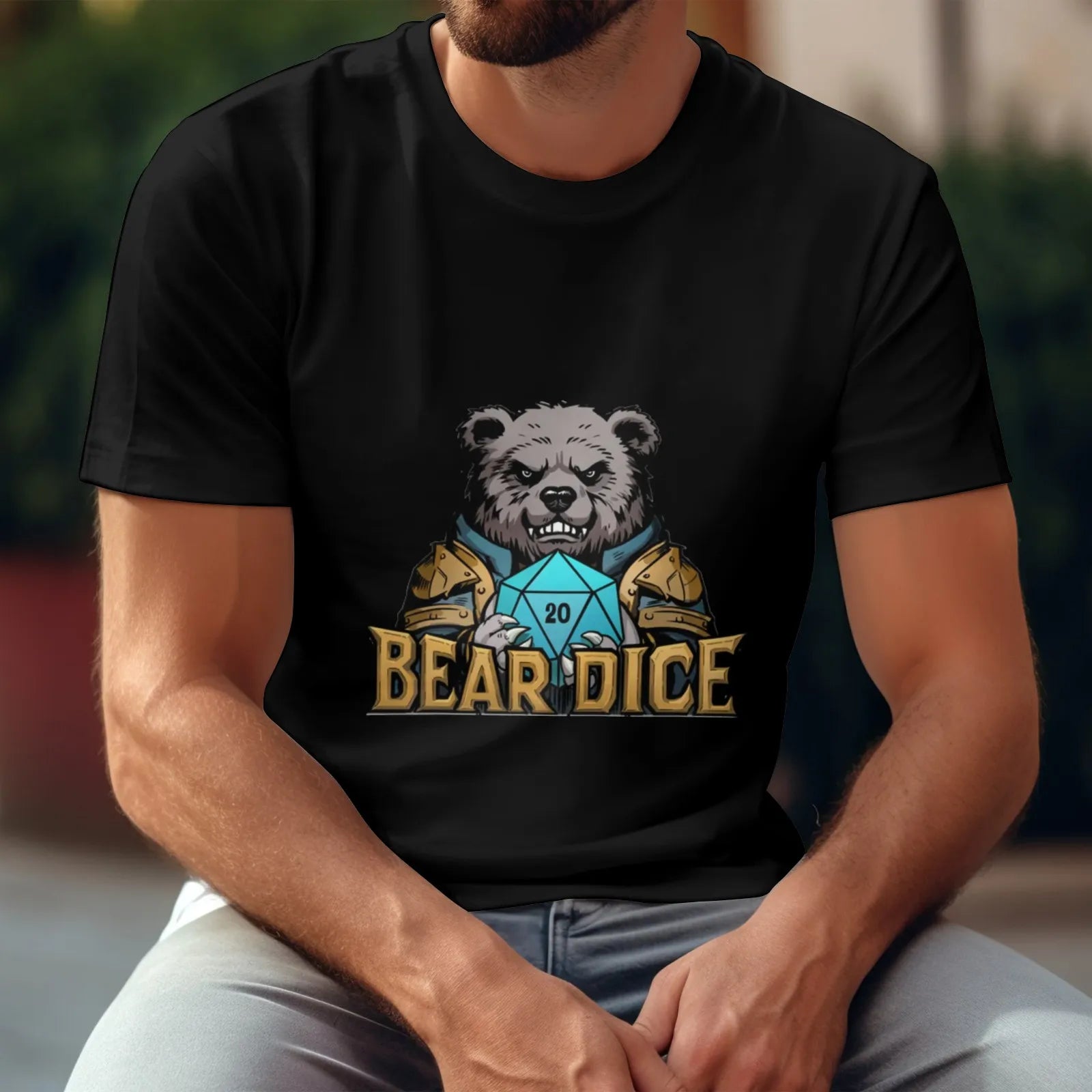 Personalized cotton American - style black short - sleeved T-shirt with Bear Dice logo - Bear Dice