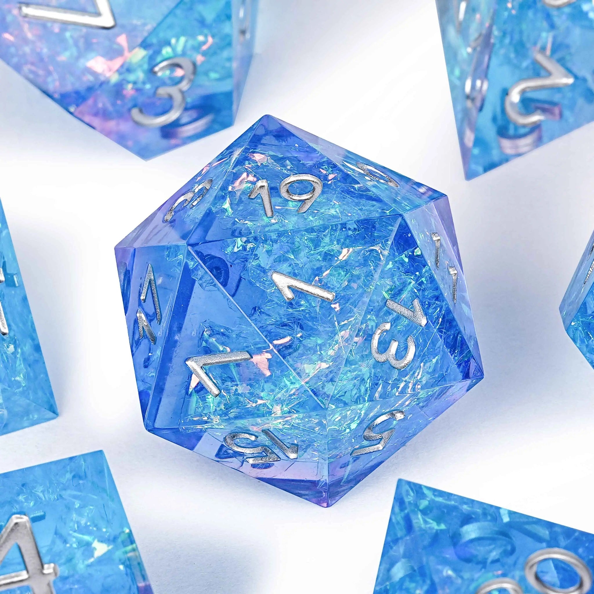 Pink blue iceberg glitter sharp edge DND resin dice set + silver font - Bear Dice