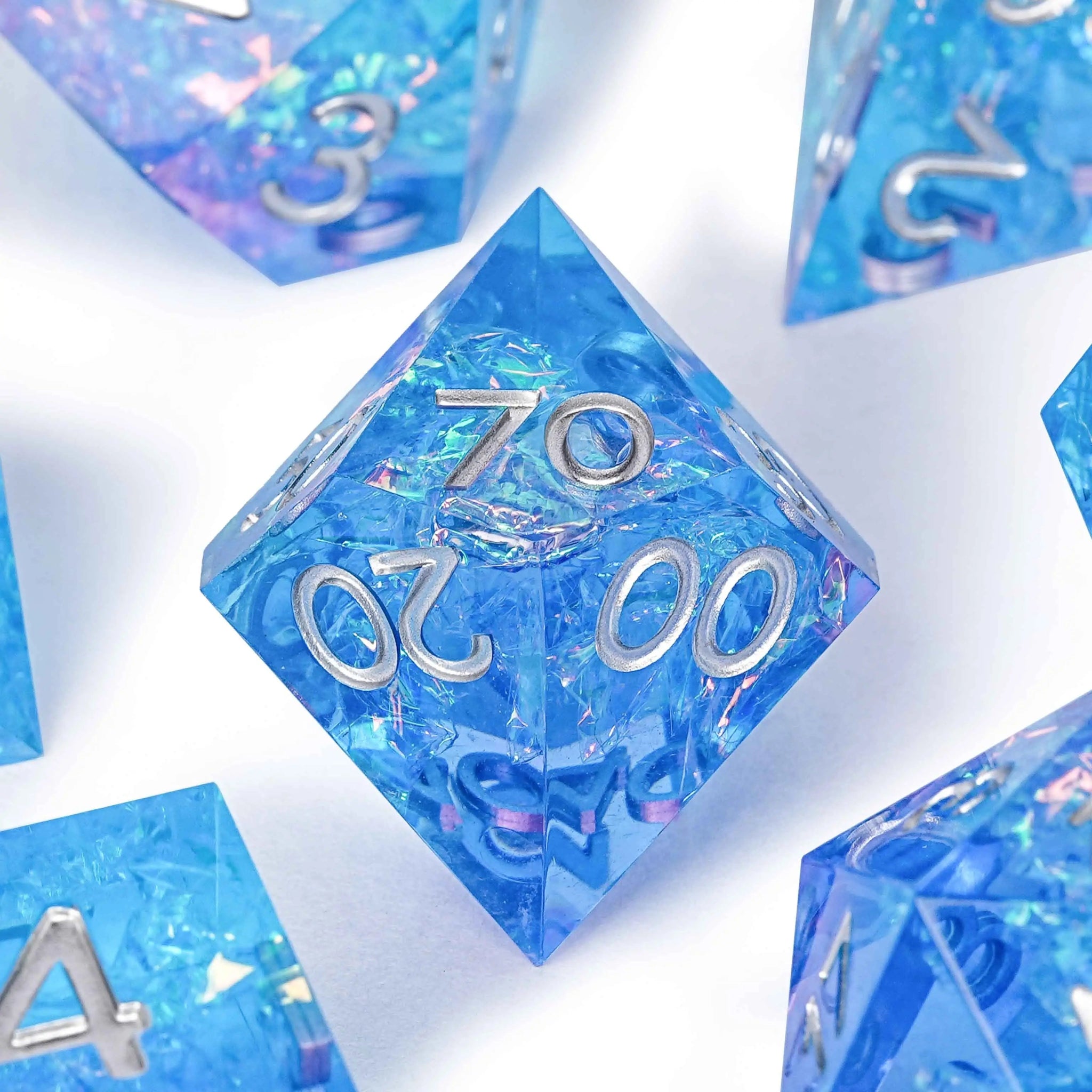 Pink blue iceberg glitter sharp edge DND resin dice set + silver font - Bear Dice