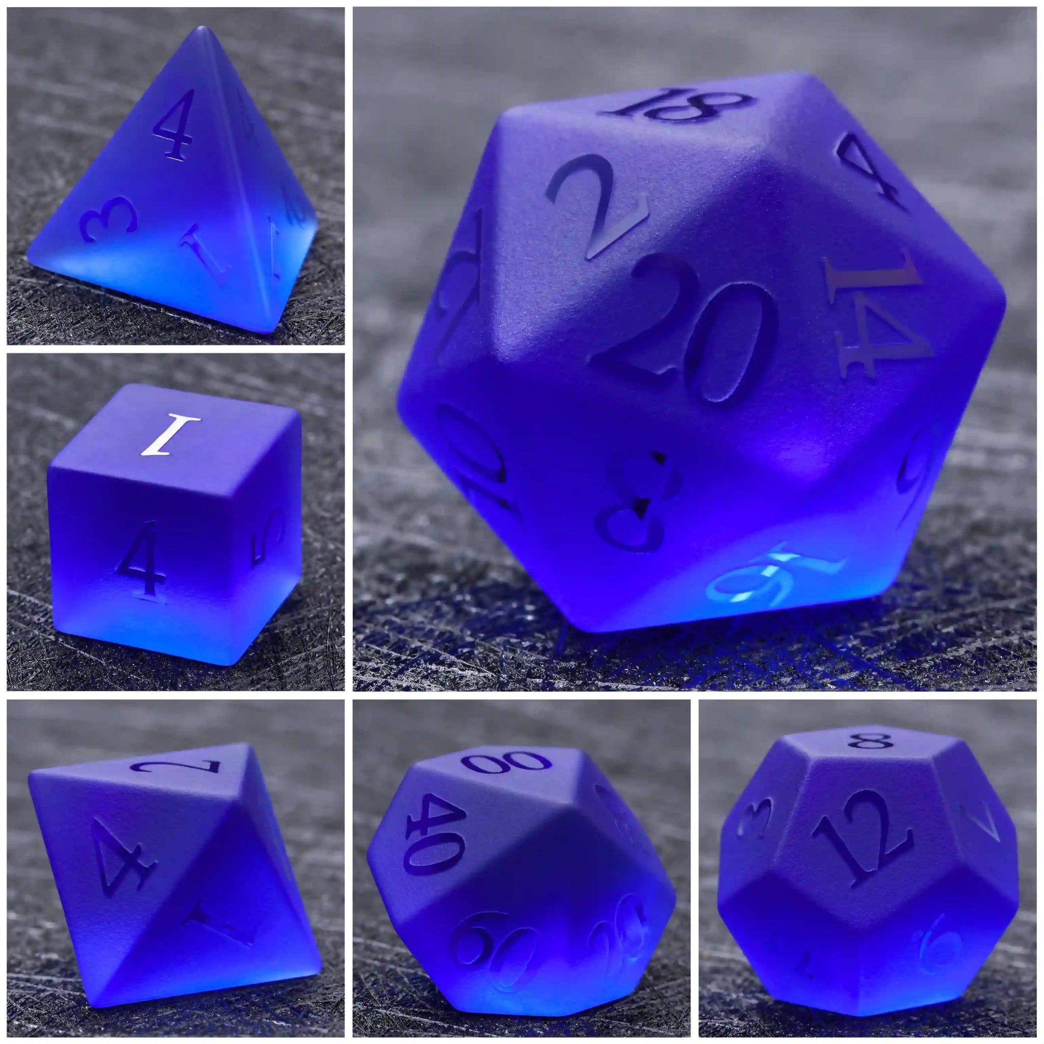 Polyhedron Blue Glass Frosted Gem DND Dice Set + Transparent Font - Bear Dice