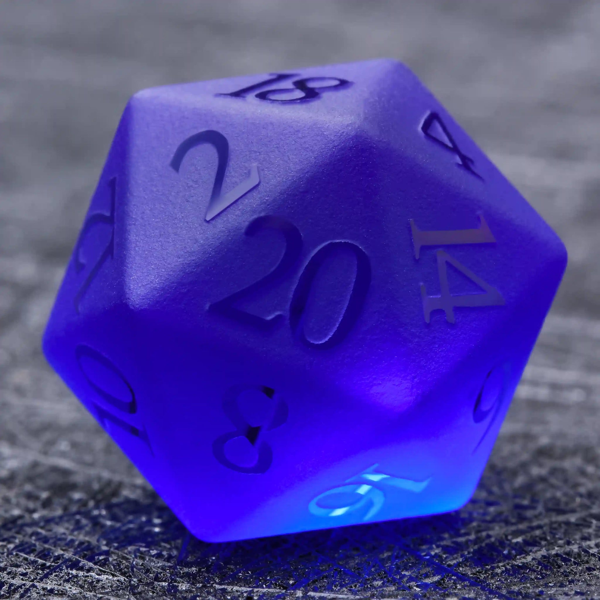 Polyhedron Blue Glass Frosted Gem DND Dice Set + Transparent Font - Bear Dice
