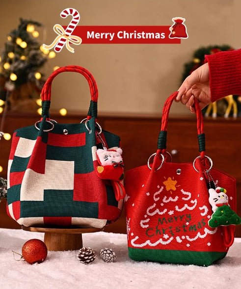 Portable Christmas gift tote bag, Santa Claus, Christmas tree, and reindeer knitted bag - Bear Dice