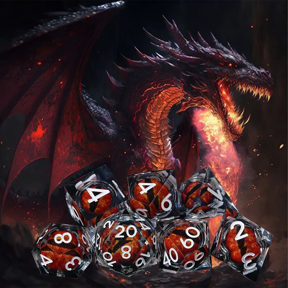 Purple transparent resin liquid core dragon eye DND dice set + Blue Font - Bear Dice