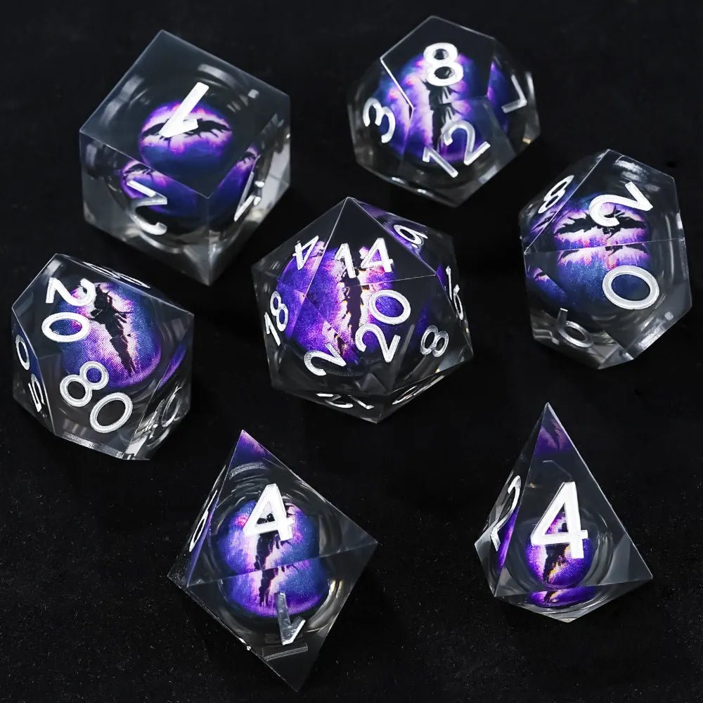 Purple transparent resin liquid core dragon eye DND dice set + Blue Font - Bear Dice