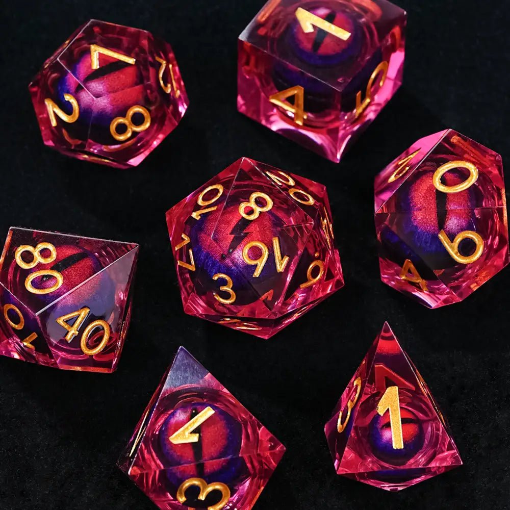 Purple transparent resin liquid core dragon eye DND dice set + Blue Font - Bear Dice