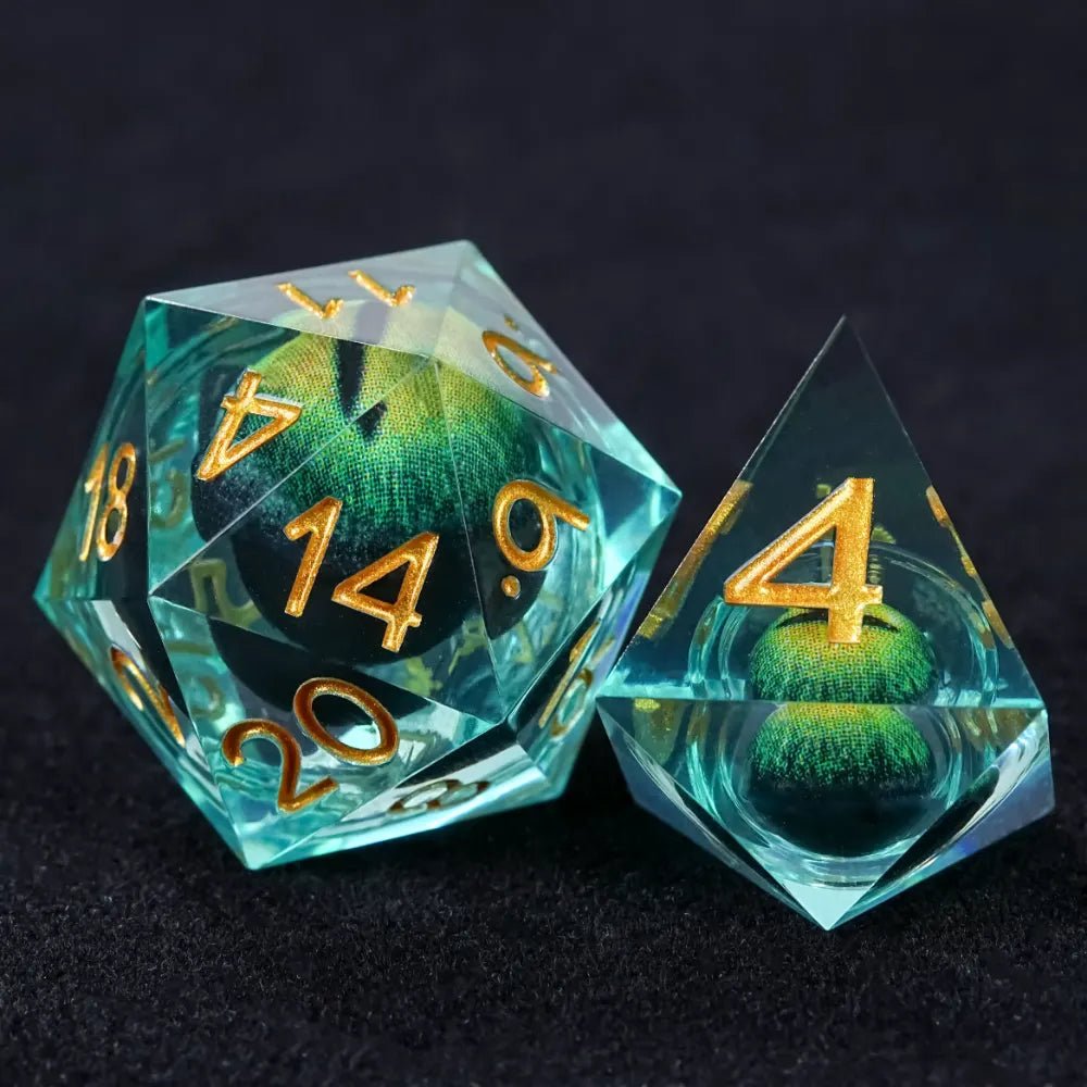 Purple transparent resin liquid core dragon eye DND dice set + Blue Font - Bear Dice