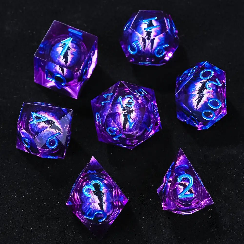 Purple transparent resin liquid core dragon eye DND dice set + Blue Font - Bear Dice