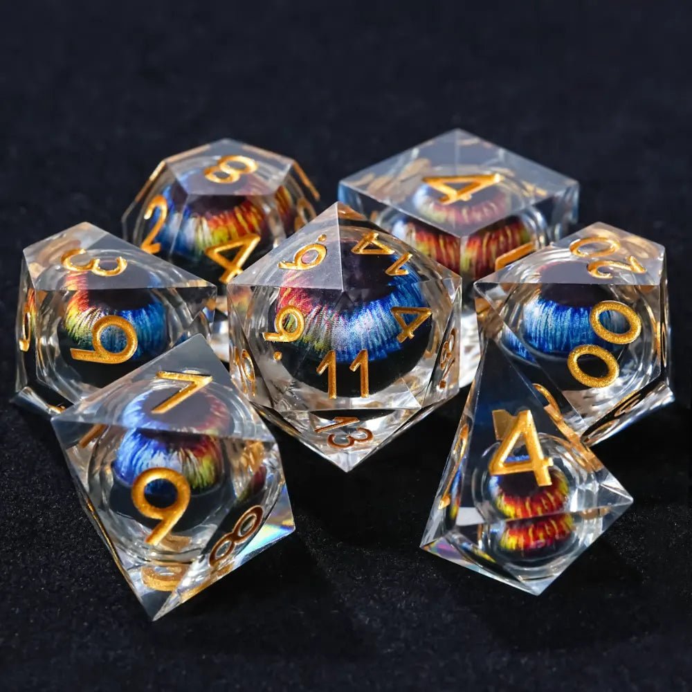 Purple transparent resin liquid core dragon eye DND dice set + Blue Font - Bear Dice