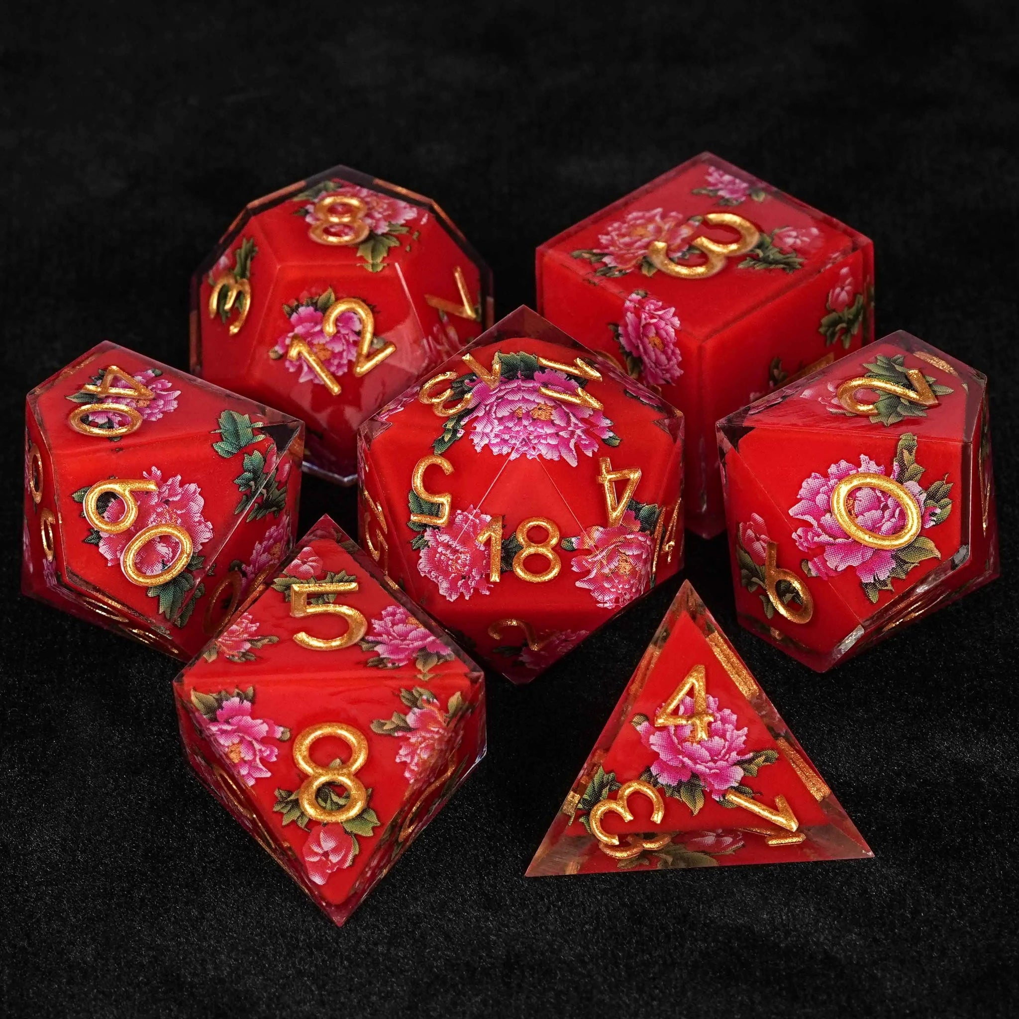 Red Peony Resin DND Dice Set + Gold Font - Bear Dice