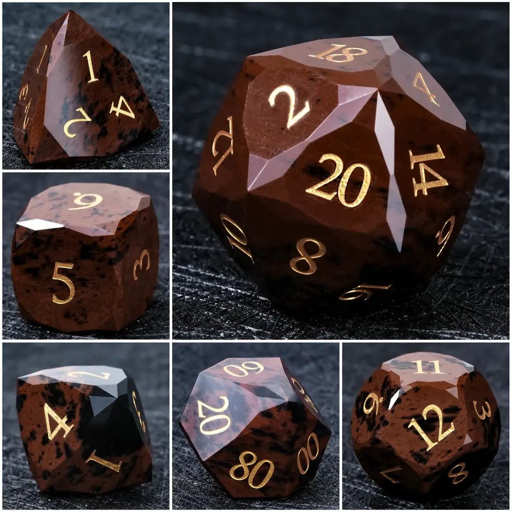 Reddish - brown Natural Gemstone DND Dice Set | Diamond Cut Gold Font RPG Dice - Bear Dice
