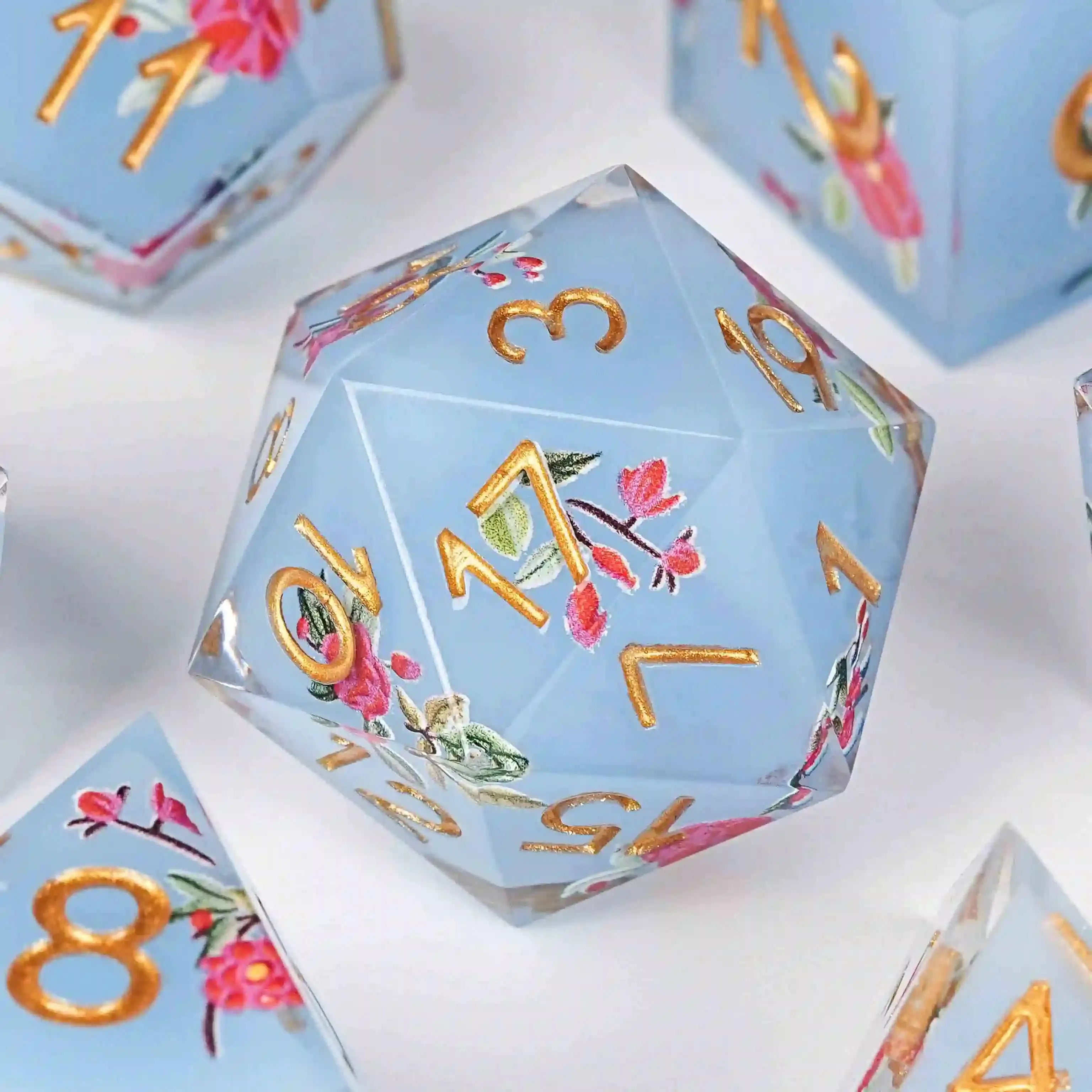  Light blue resin light red flower DND 20 sided dice+ gold font | Bear Dice