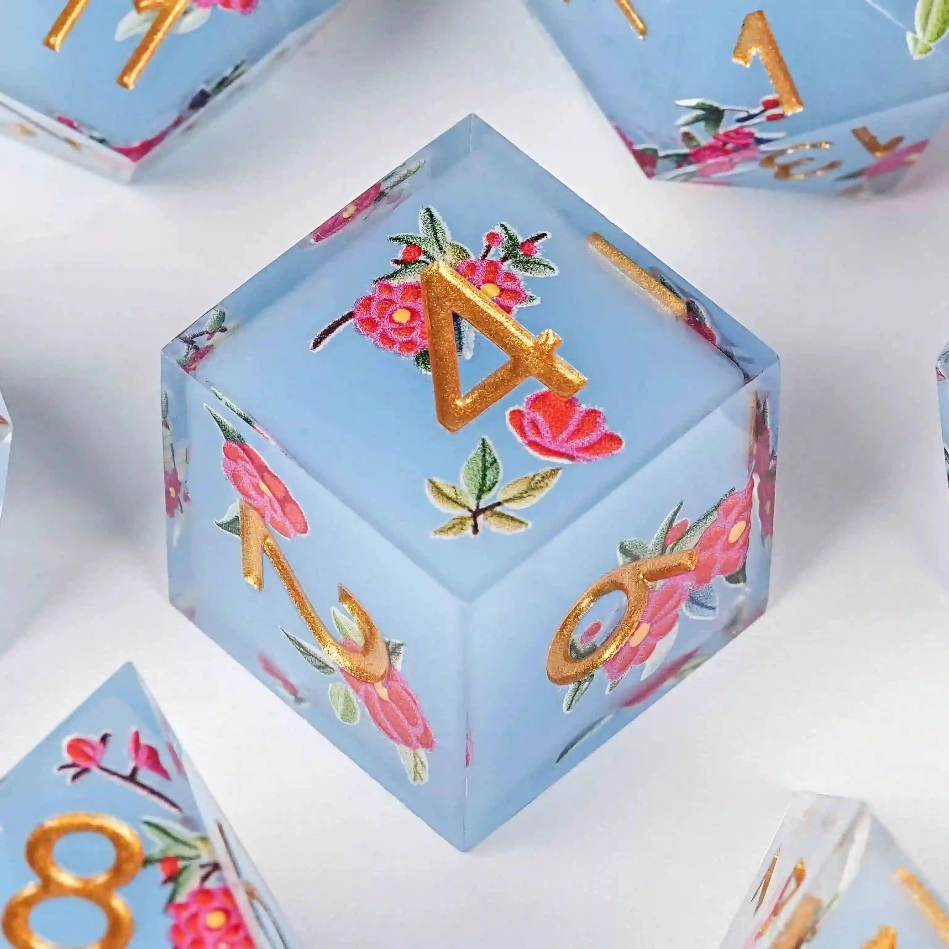 Light blue resin light red flower DND 6 sided dice+ gold font | Bear Dice