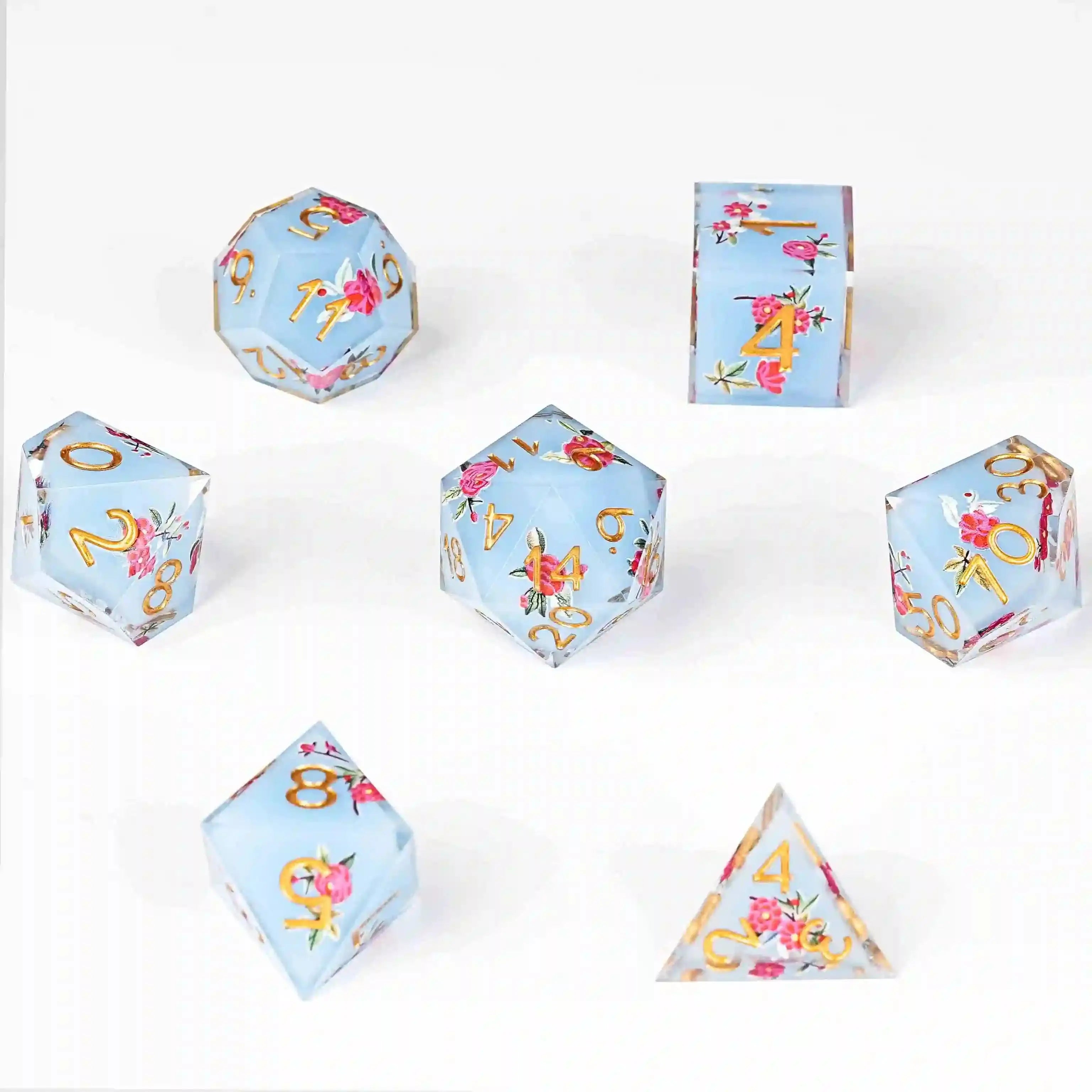 7 Light blue resin light red flower DND dice set + gold font | Bear Dice