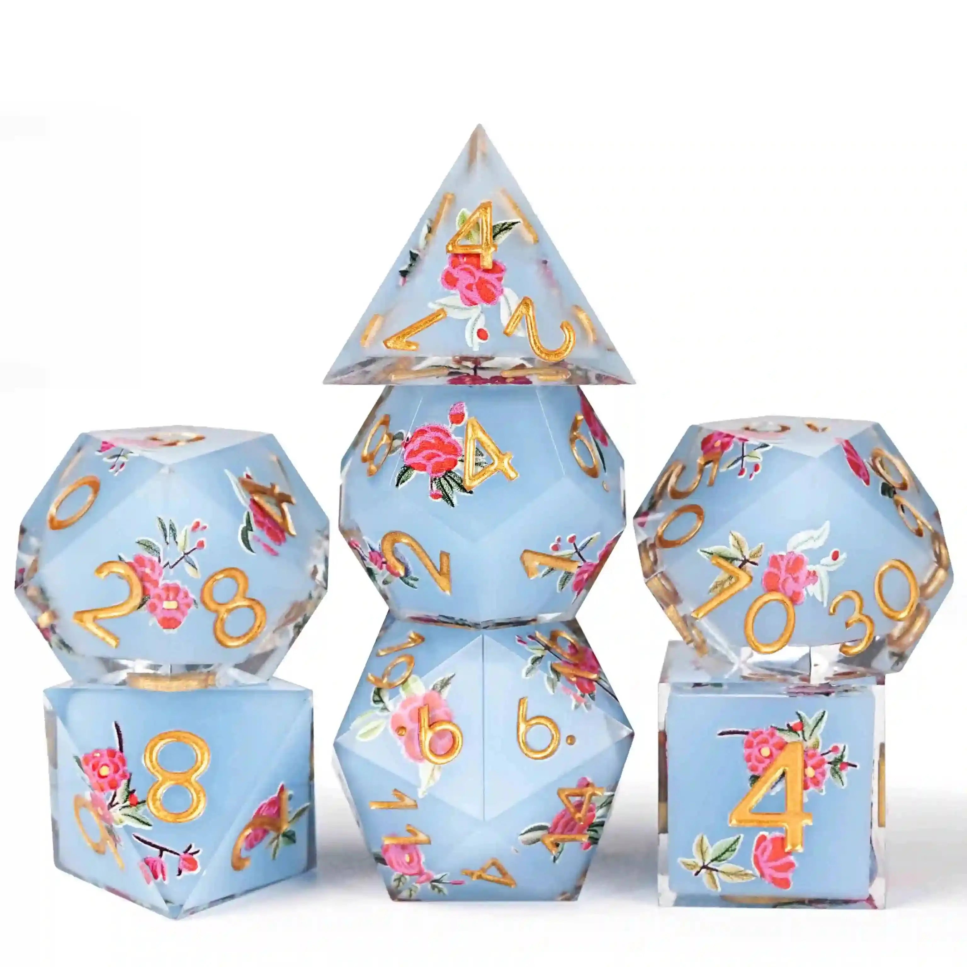 Light blue resin light red flower DND dice set + gold font | Bear Dice