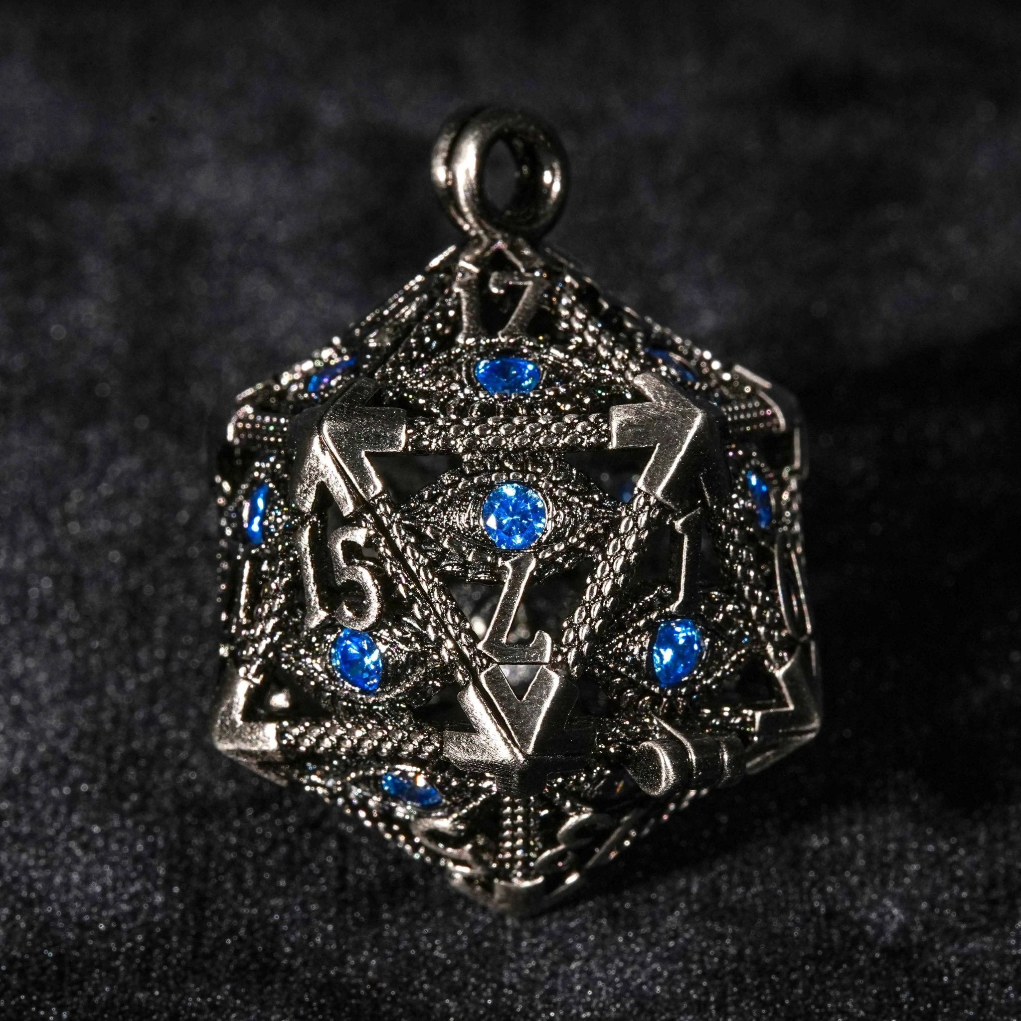 Sapphire Dragon Eye Metal Hollow D20 Dice Cage Keychain + 7 Mini Metal Dice Set - Bear Dice