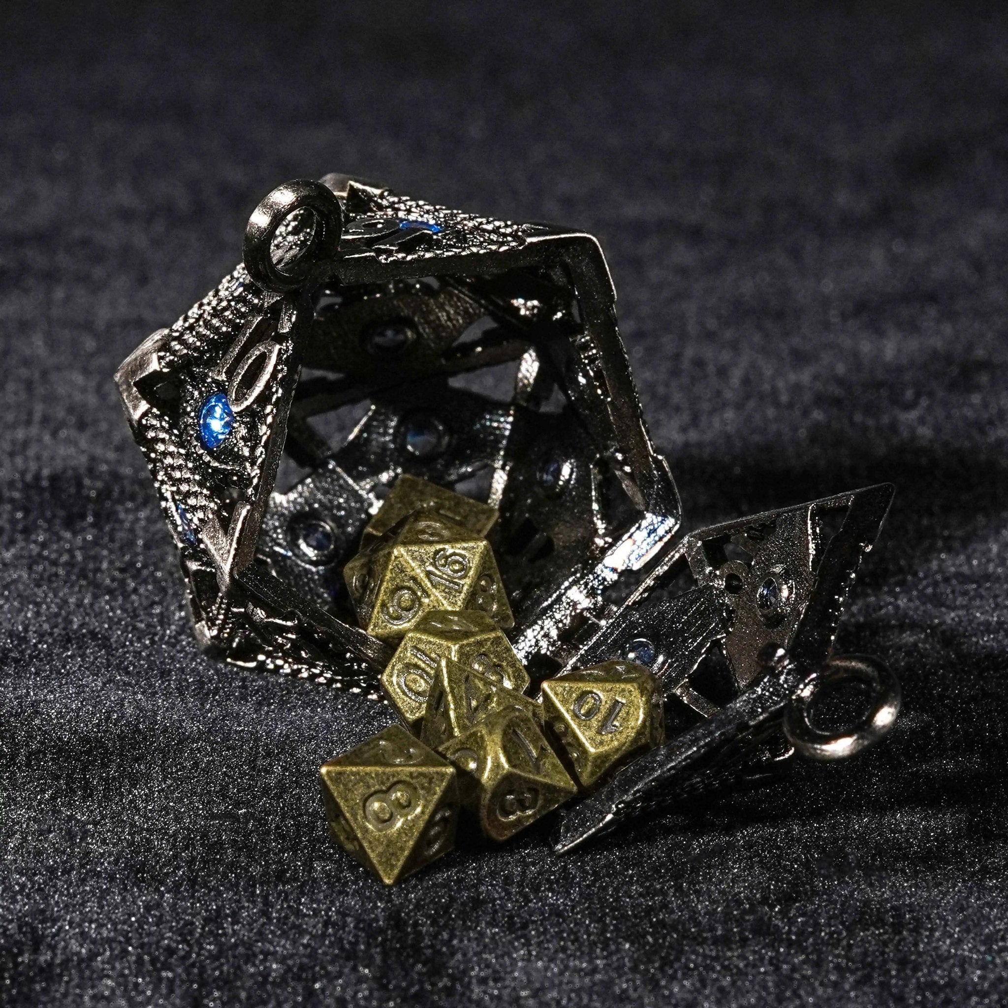 Sapphire Dragon Eye Metal Hollow D20 Dice Cage Keychain + 7 Mini Metal Dice Set - Bear Dice