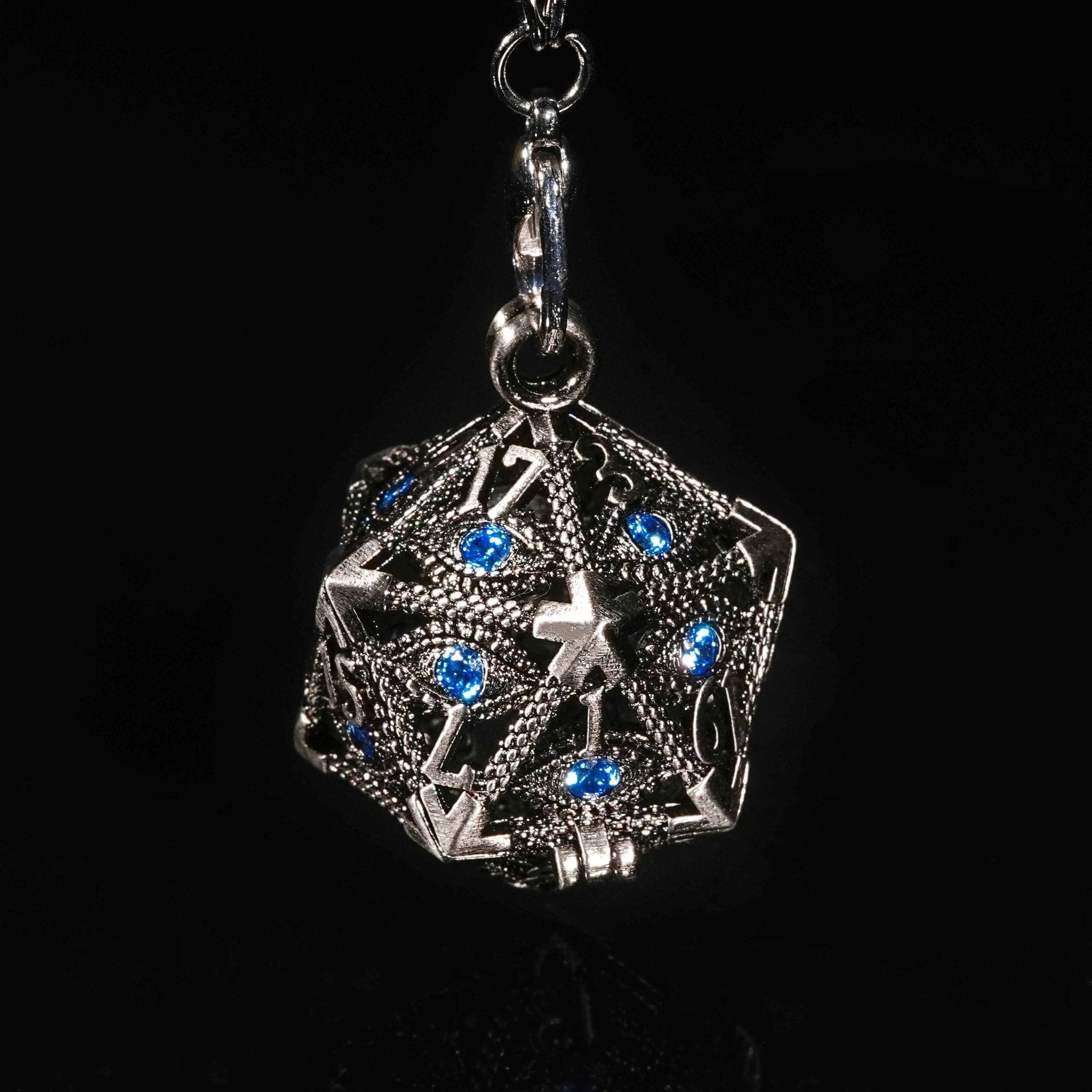 Sapphire Dragon Eye Metal Hollow D20 Dice Cage Keychain + 7 Mini Metal Dice Set - Bear Dice