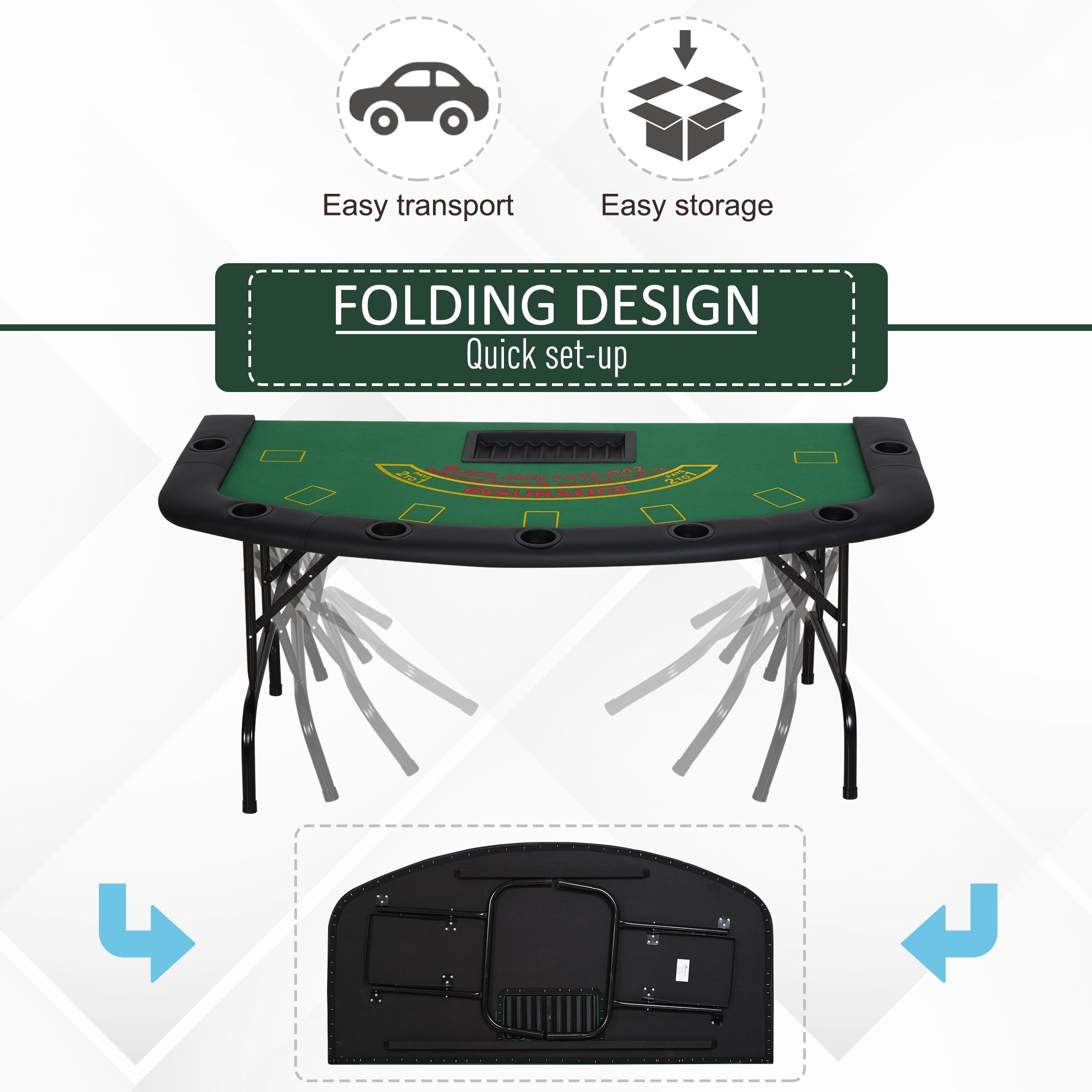 Semi-Oval Green Felt 7-Player Blackjack Table – Folding Base & Leg Detail | Bear Dice