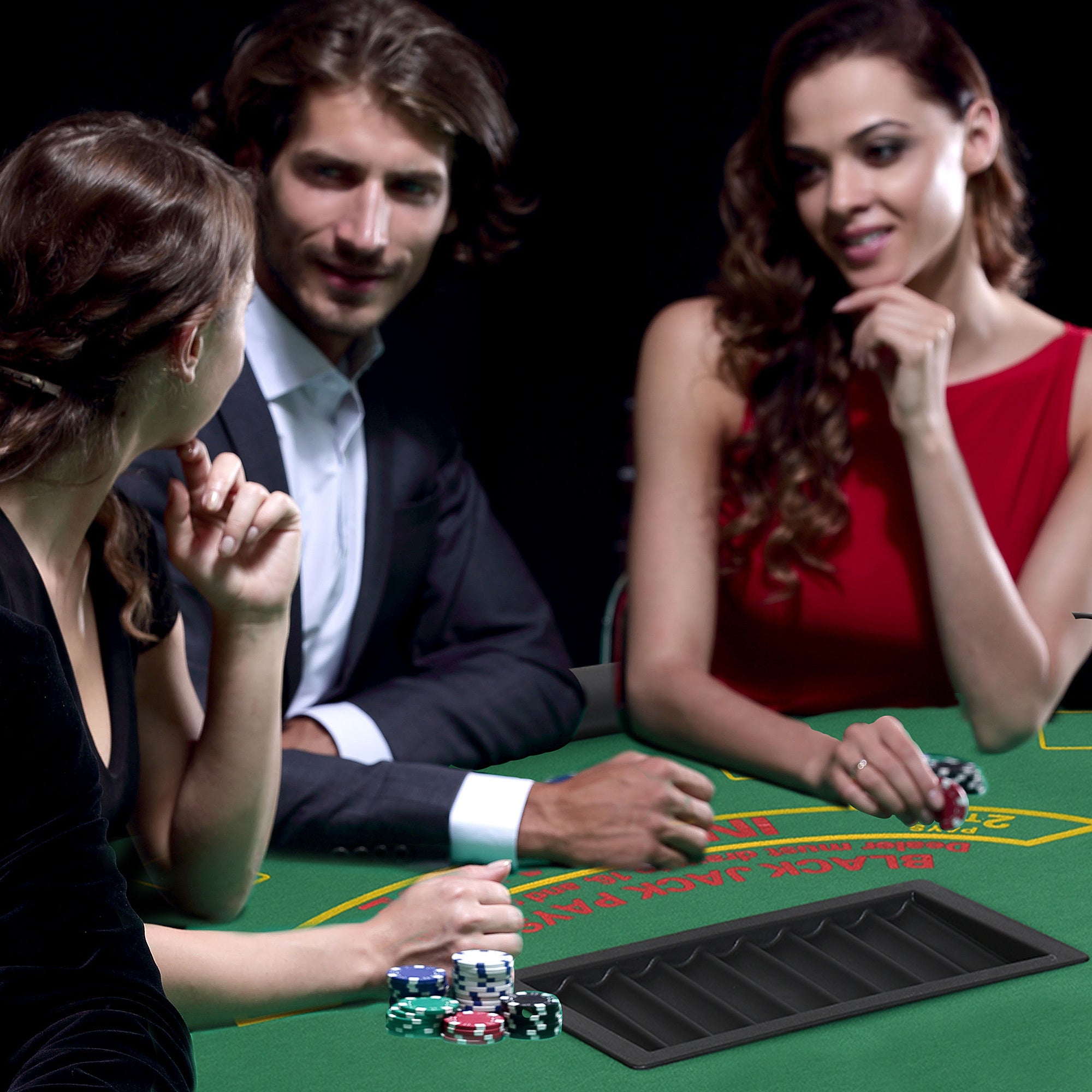 Semi-Oval Green Felt 7-Player Blackjack Table – Players Enjoying Casino Game Night | Bear Dice
