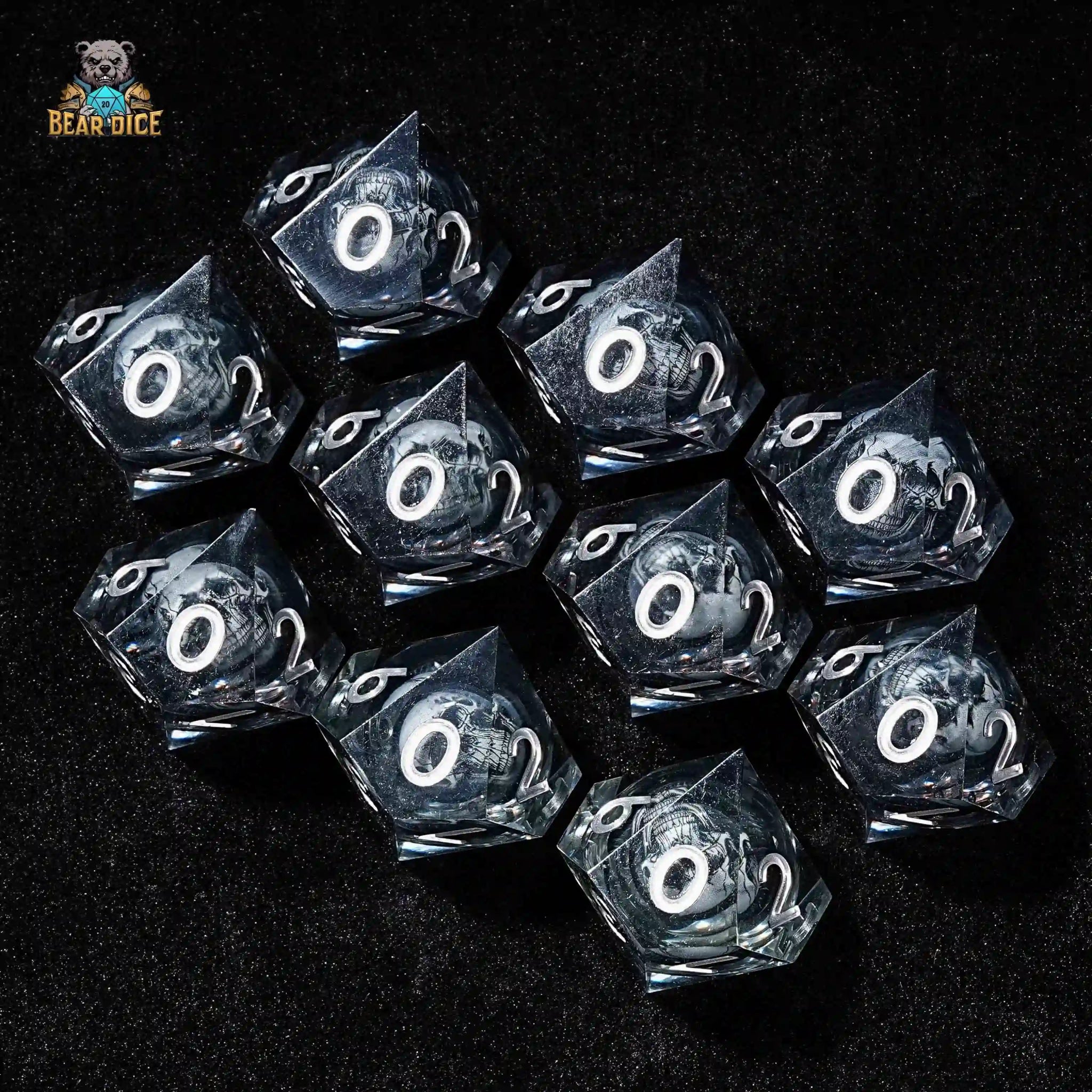 Shadow Skull D10 Dice Black Translucent Resin 10 Sided Dice - Bear Dice