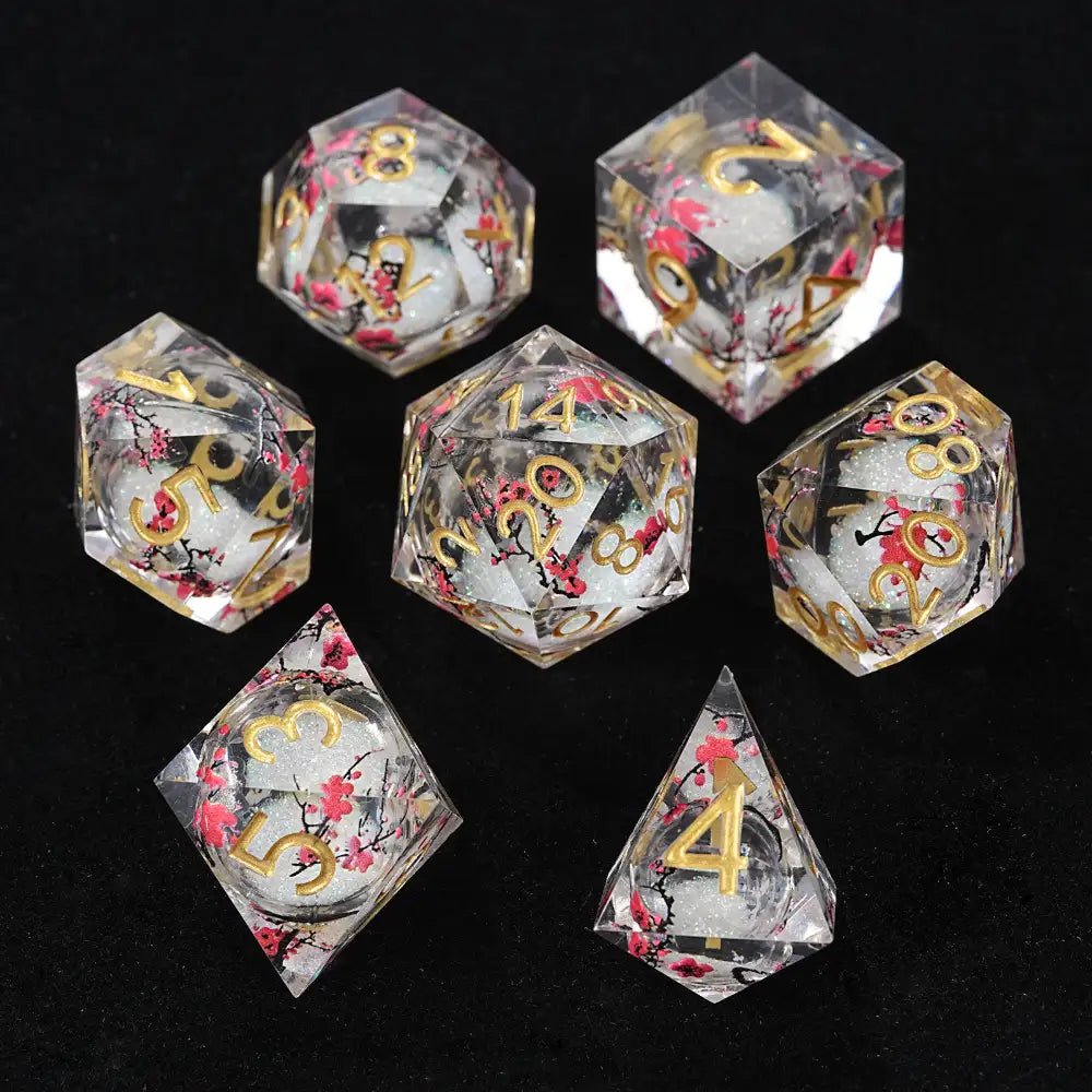 Sharp - edged plum blossom resin DND dice set + gold numbers - Bear Dice