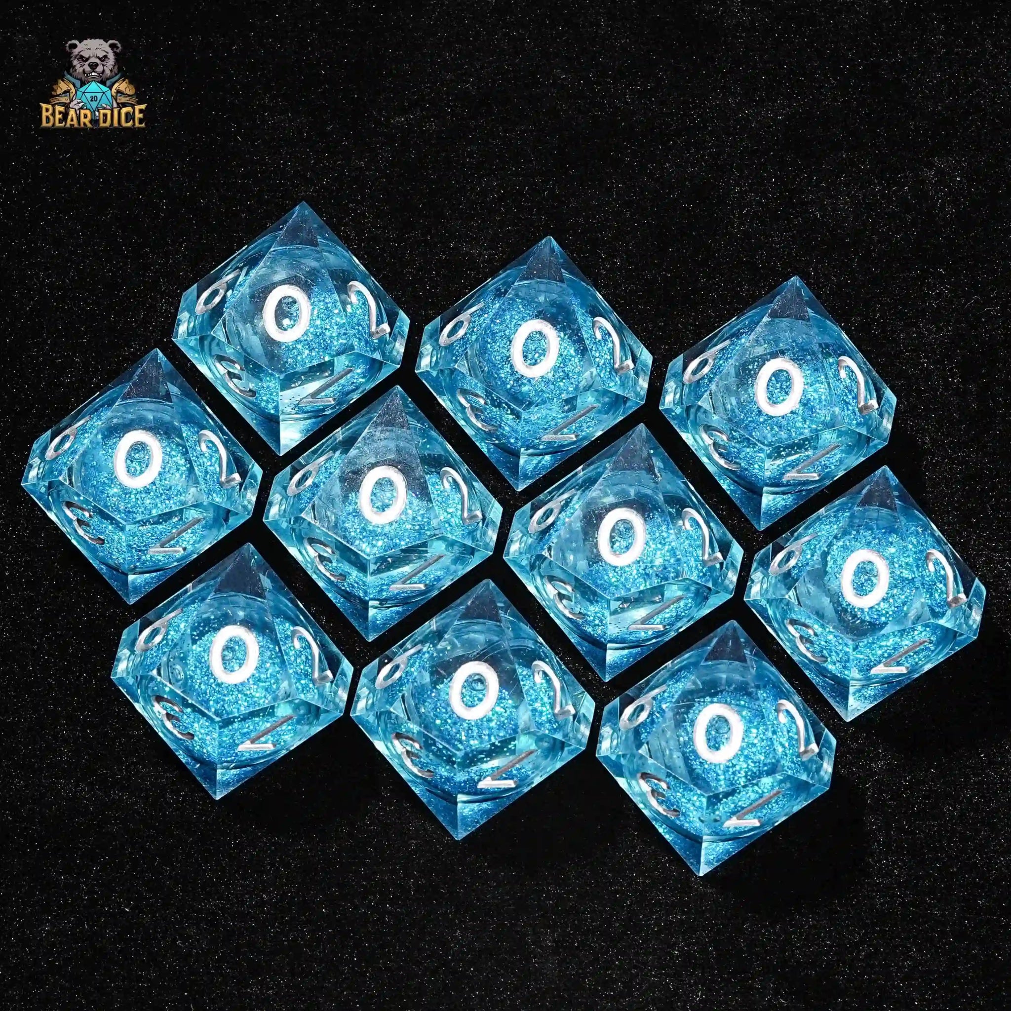 Shining Blue Liquid Core D10 Dice: 10 - Sided Dice Set for Role Playing Games - Bear Dice
