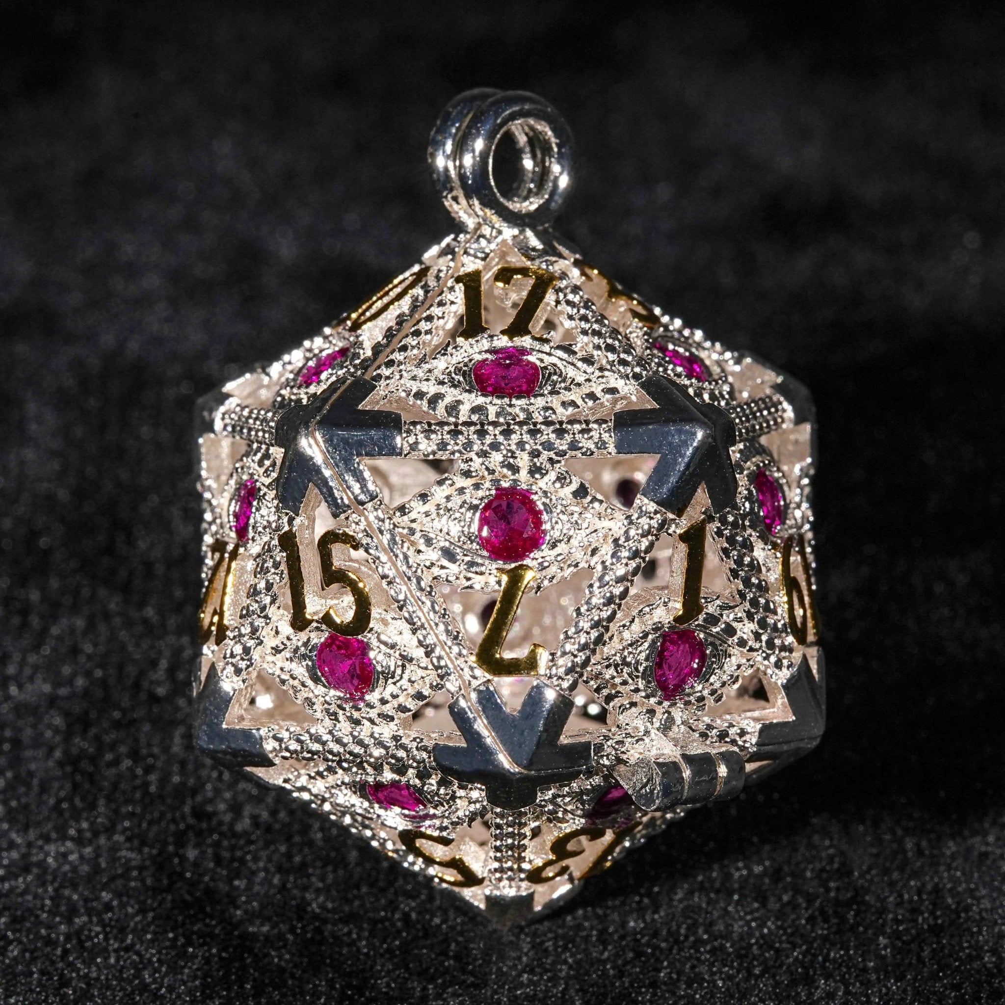 Silver Metal d20 Dice Cage Necklace Set Ruby Dragon's Eye - Bear Dice