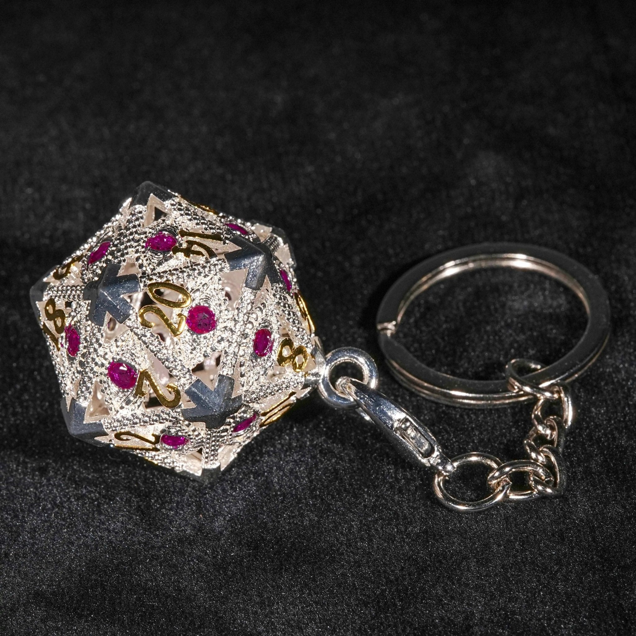 Silver Metal d20 Dice Cage Necklace Set Ruby Dragon's Eye - Bear Dice