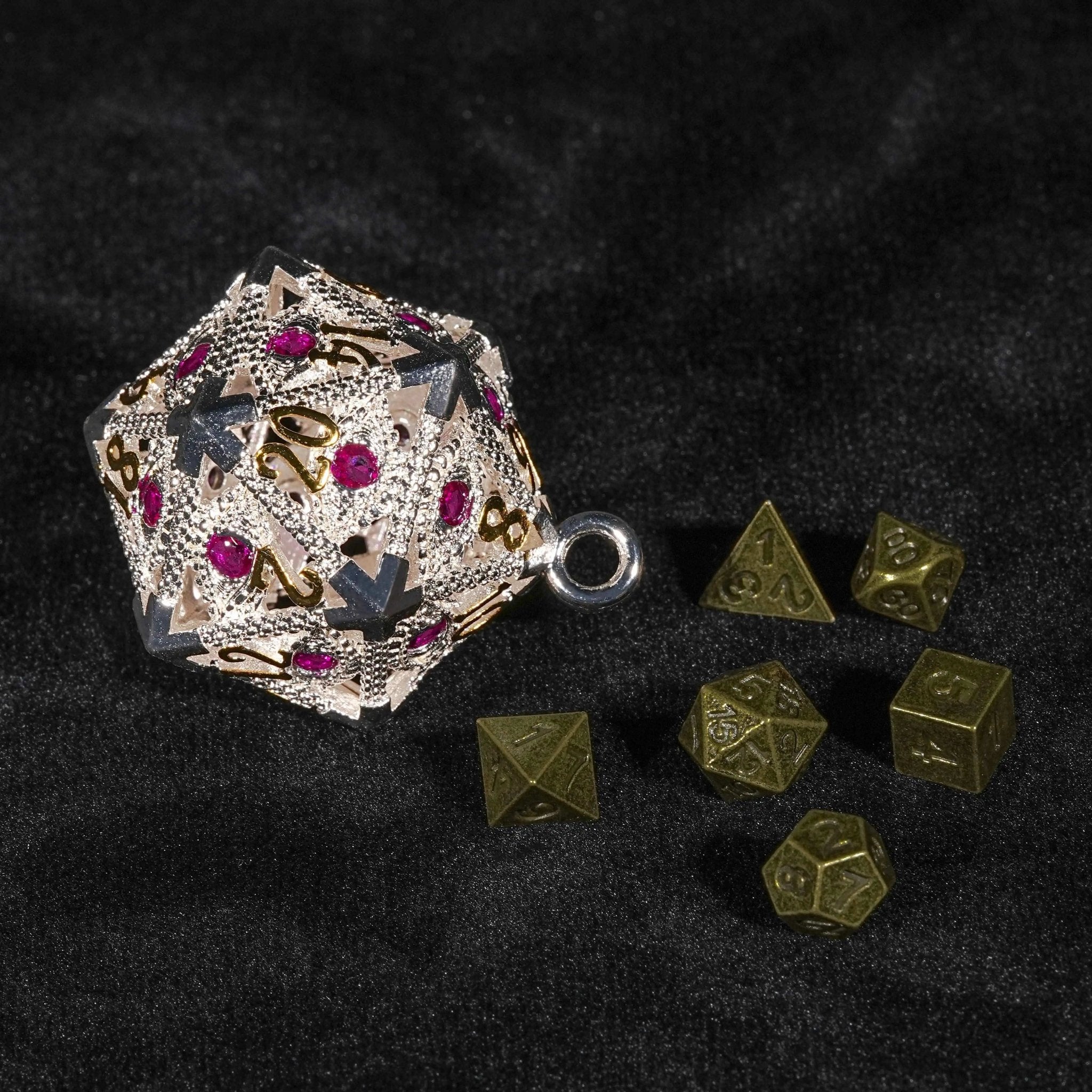 Silver Metal d20 Dice Cage Necklace Set Ruby Dragon's Eye - Bear Dice
