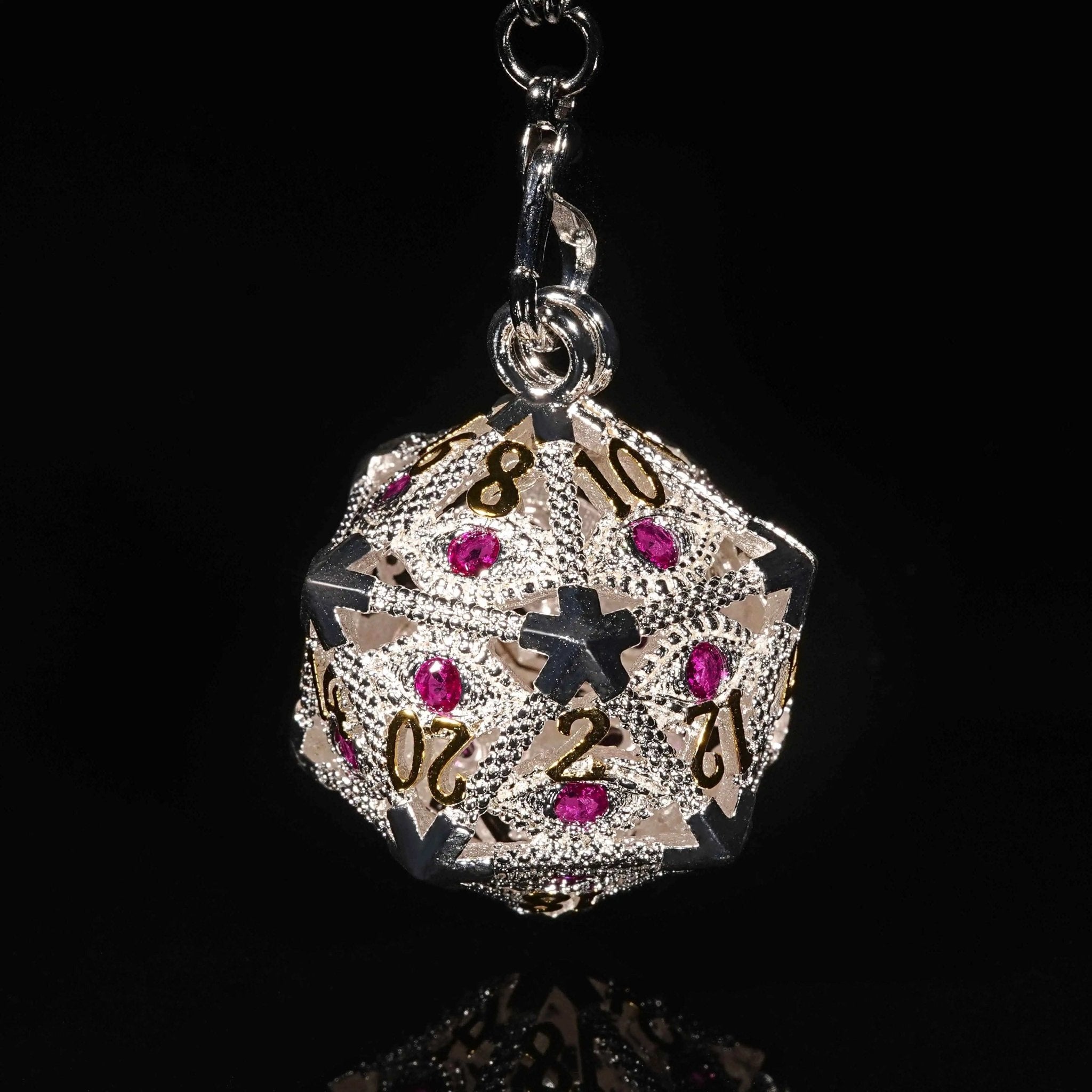 Silver Metal d20 Dice Cage Necklace Set Ruby Dragon's Eye - Bear Dice