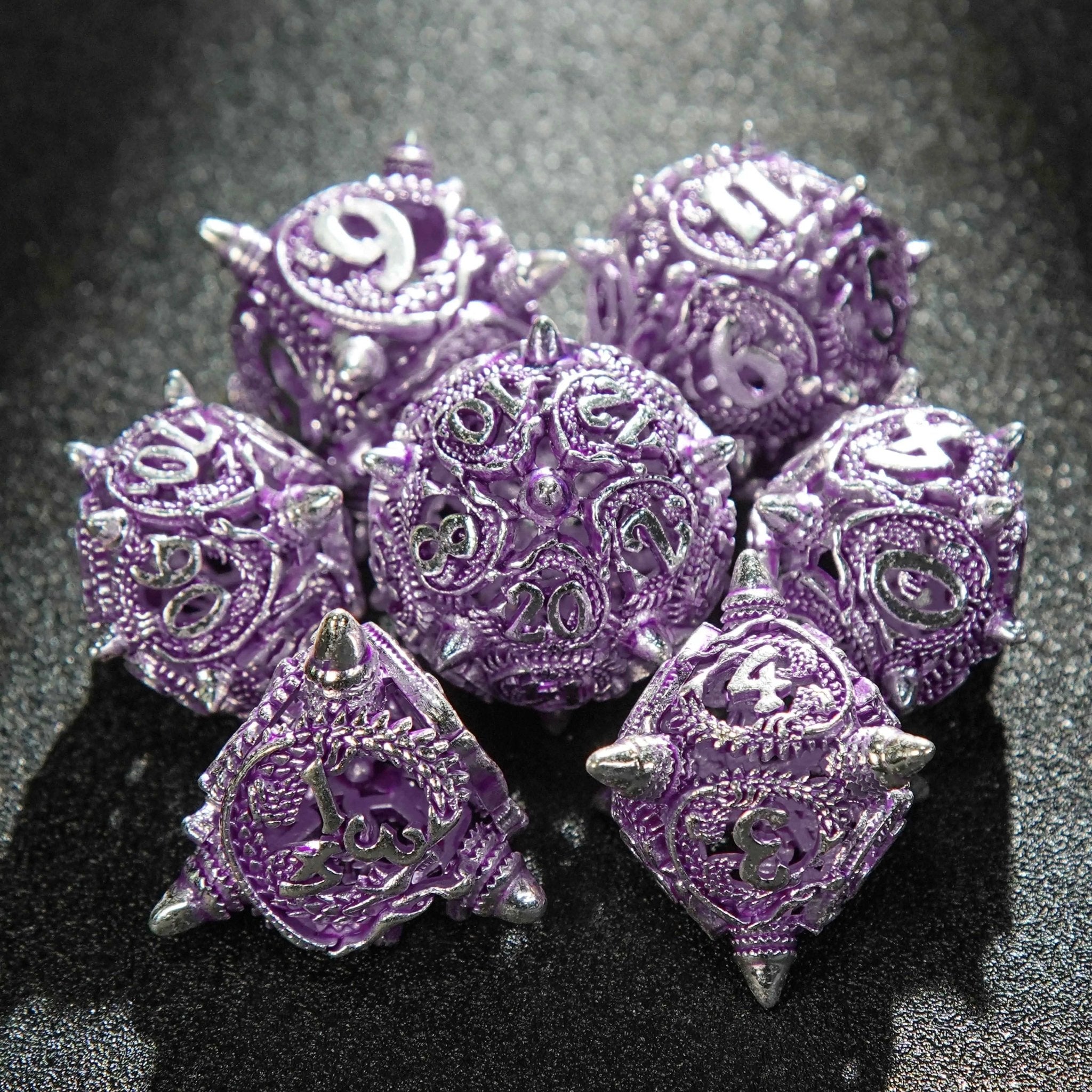 Silver purple meteor hammer hollow metal dnd dice set + silver font - Bear Dice