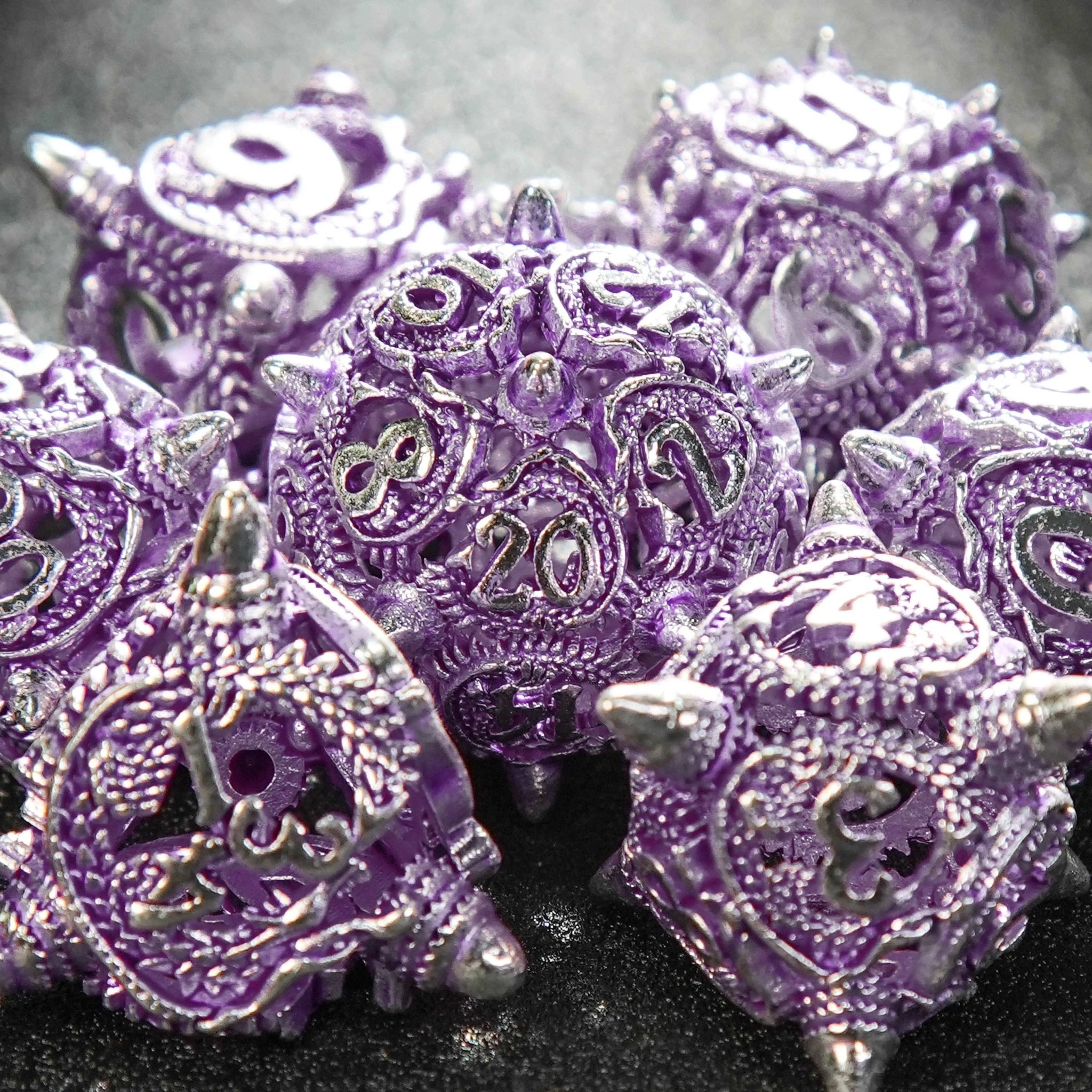 Silver purple meteor hammer hollow metal dnd dice set + silver font - Bear Dice