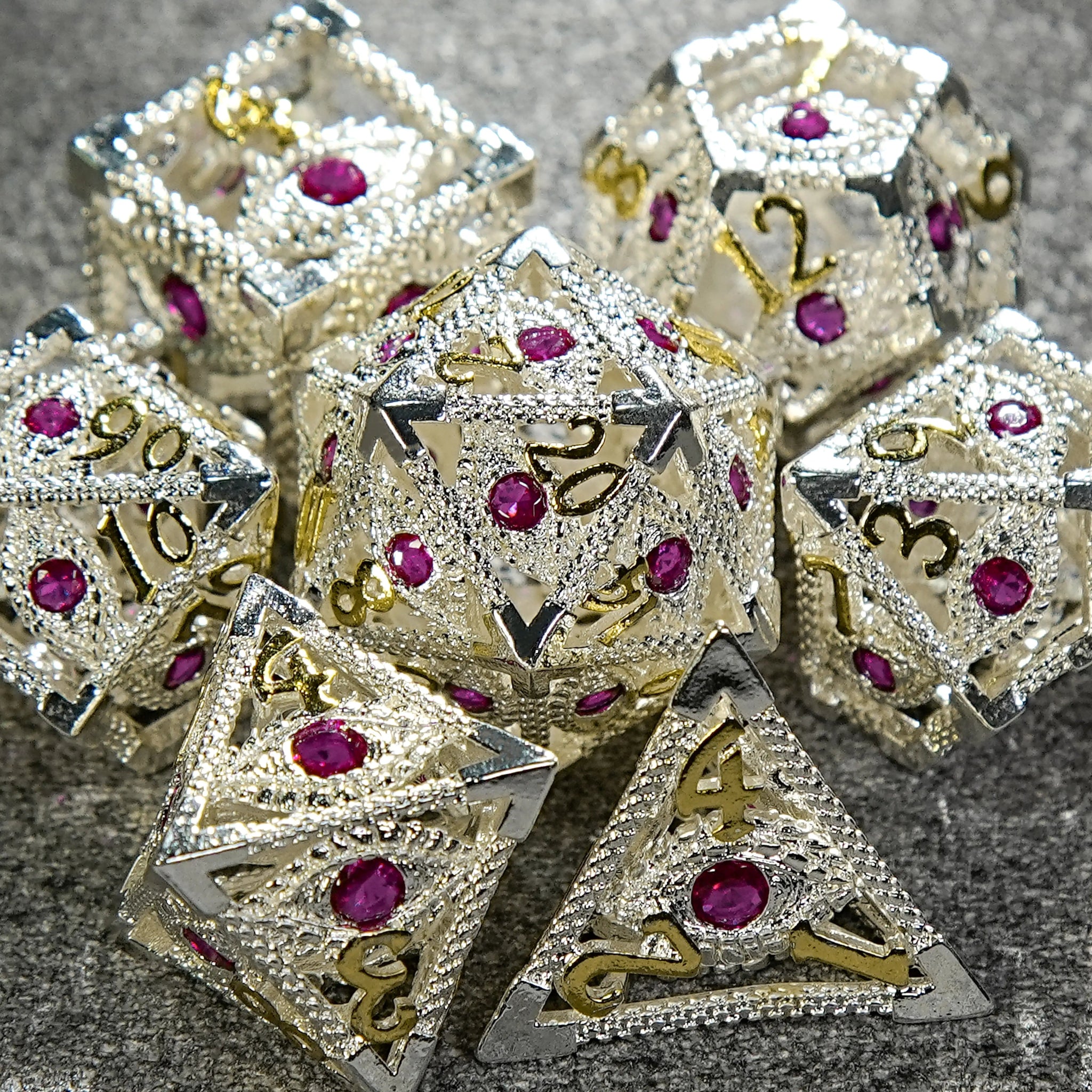 Silver with Pink Gems Dragon's Eye Hollow Metal RPG dice set - Bear Dice