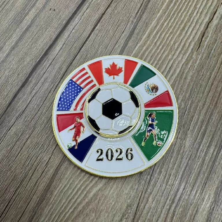 Magnetic Metal Refrigerator Magnet — Rotating, Colorful 2026 World Cup Soccer Ball