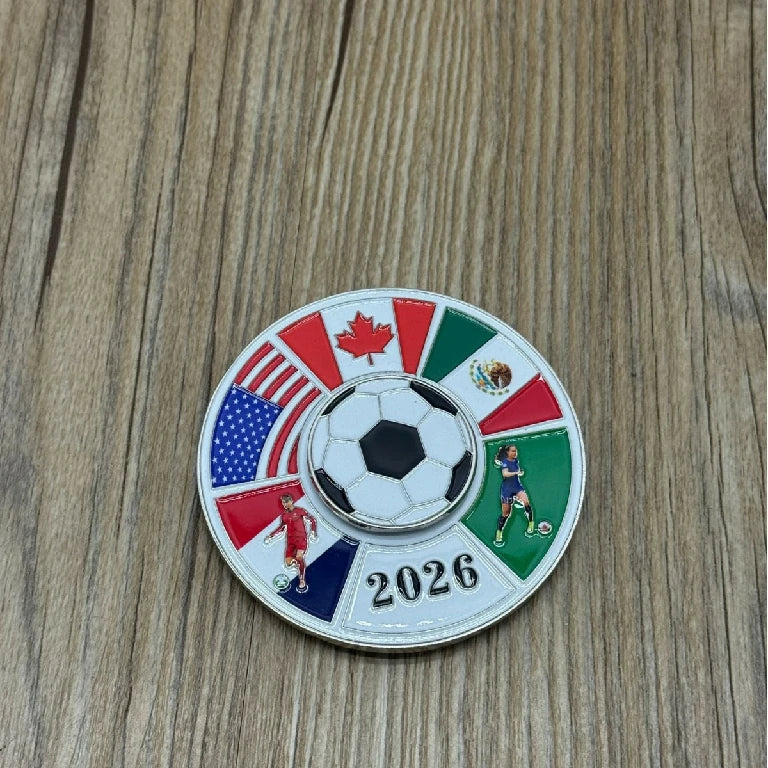 Magnetic Metal Refrigerator Magnet — Rotating, Colorful 2026 World Cup Soccer Ball