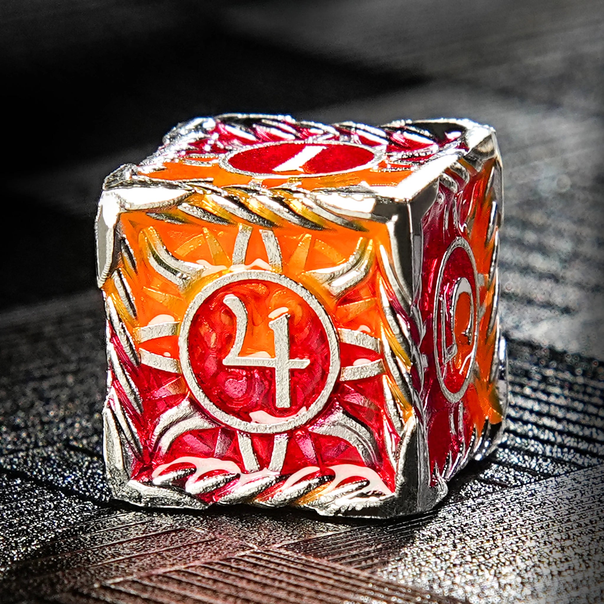 Solid Metal Sunburst Red and Yellow DND Dice Set - Bear Dice