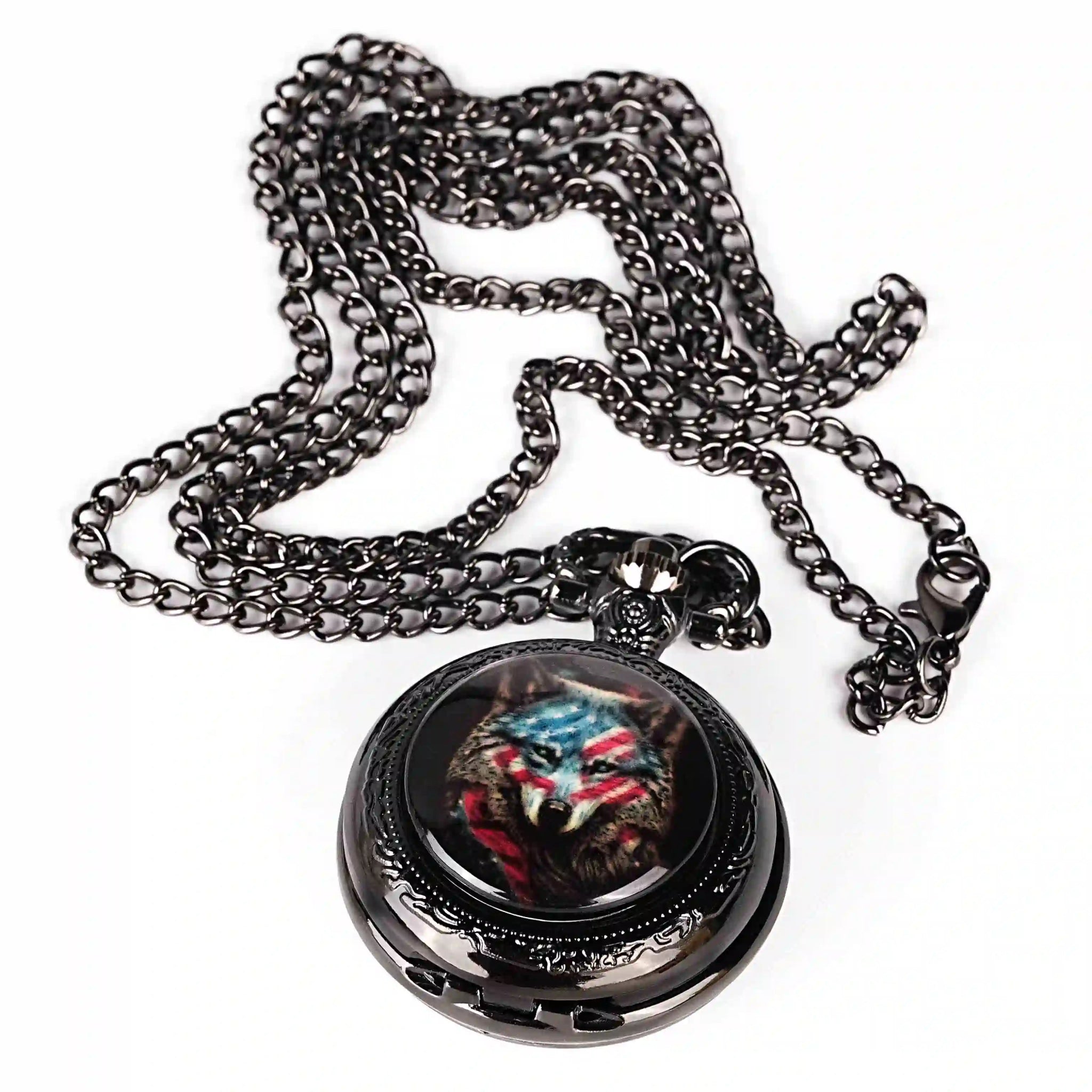 Steampunk DND Metal Dice Black Wolf Necklace | Two - in - one & Pocket Watch - Bear Dice
