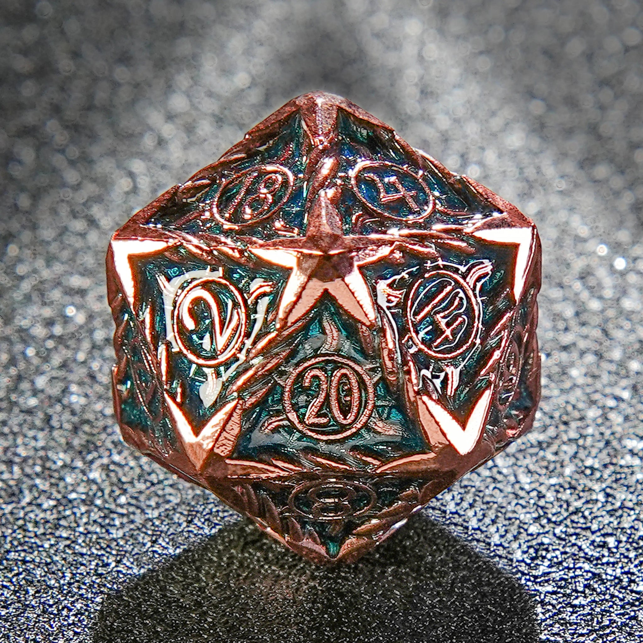 Sun Pattern Antique Red Copper Blue Metal DND Dice Set - Bear Dice