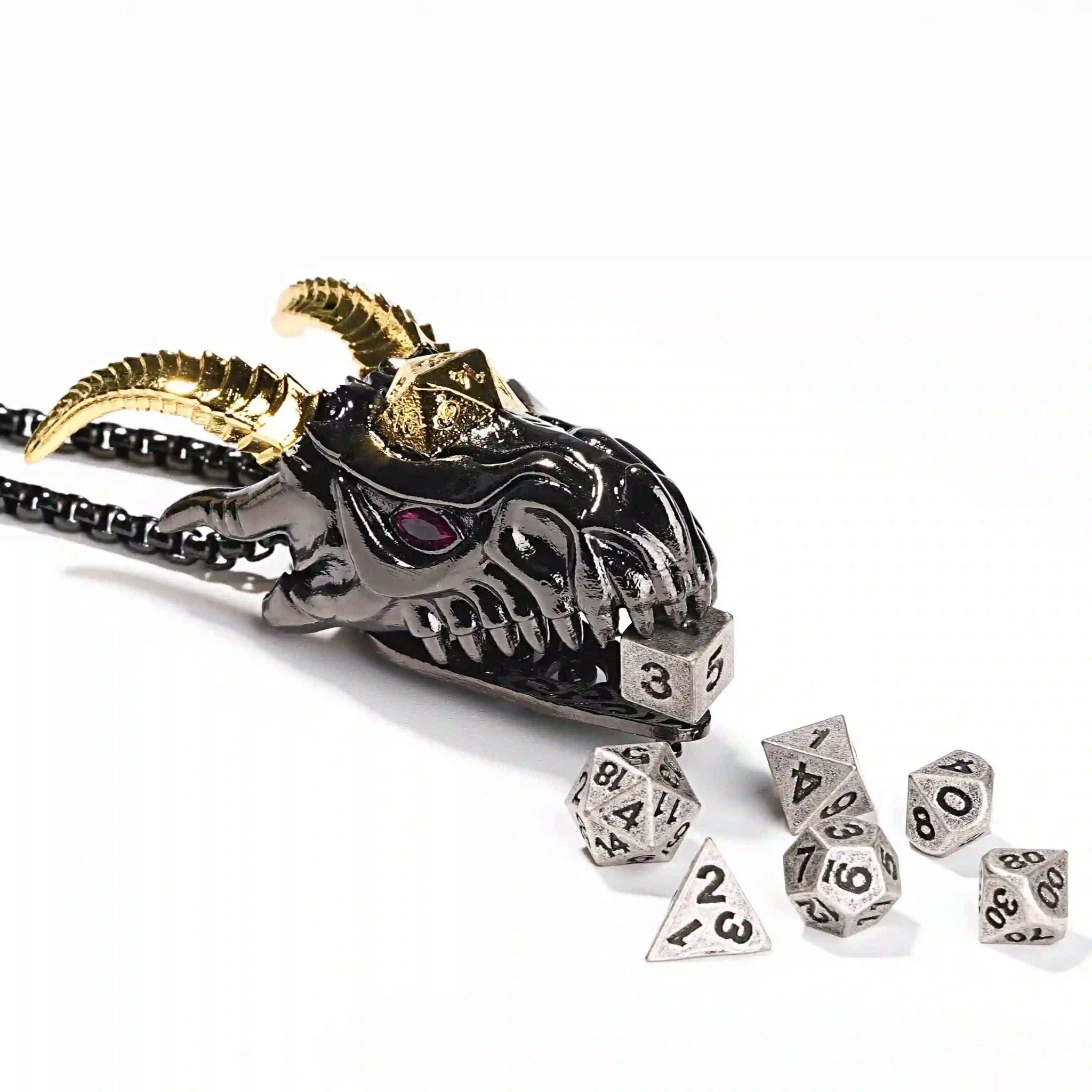 Super cool metal black dragon head dice necklace +mini metal dice set - Bear Dice