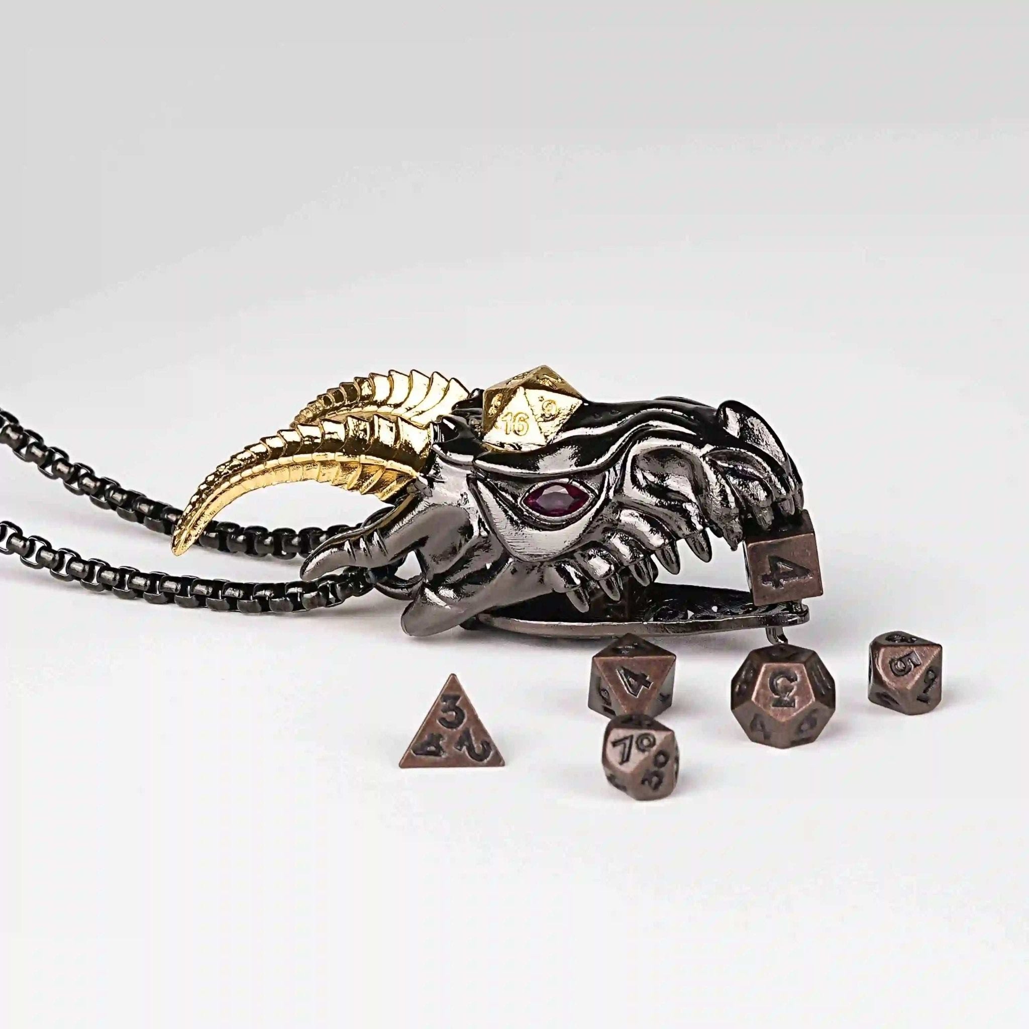 Super cool metal black dragon head dice necklace +mini metal dice set - Bear Dice