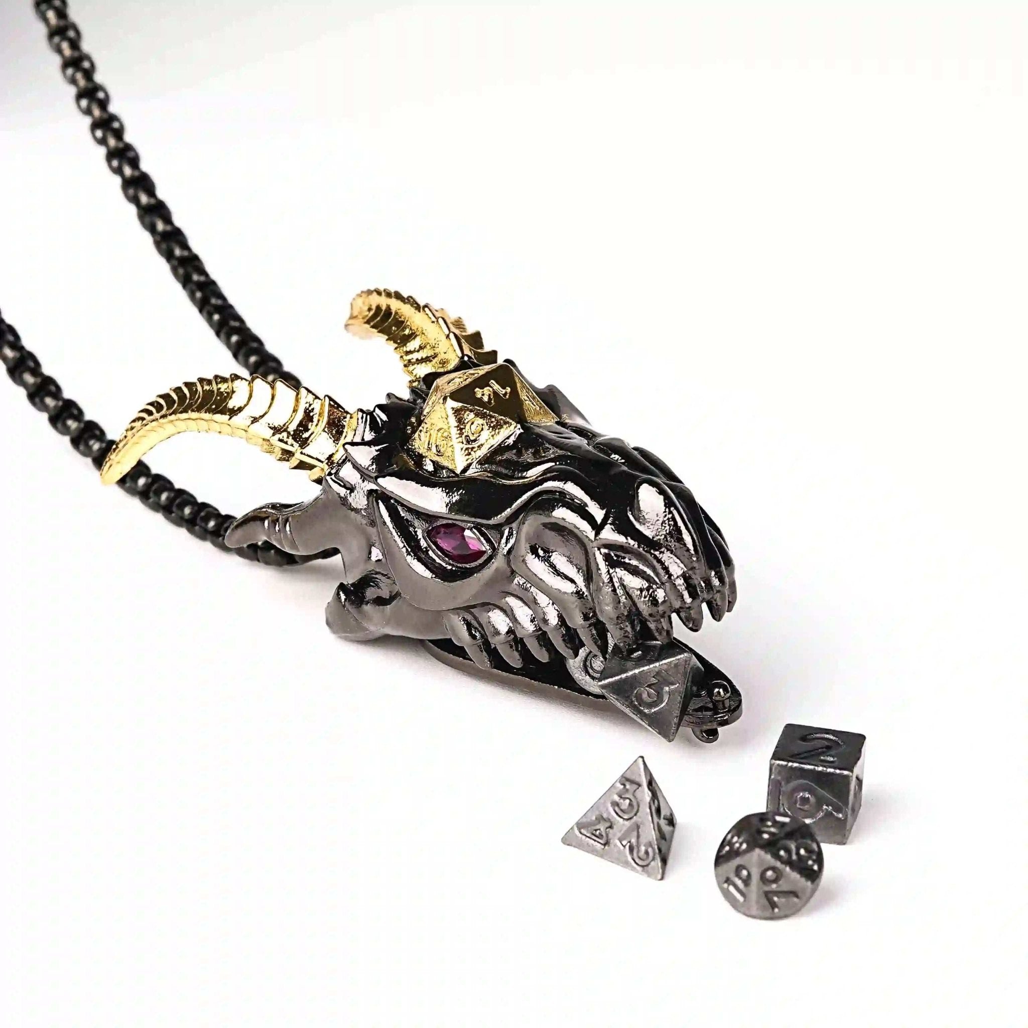 Super cool metal black dragon head dice necklace +mini metal dice set - Bear Dice