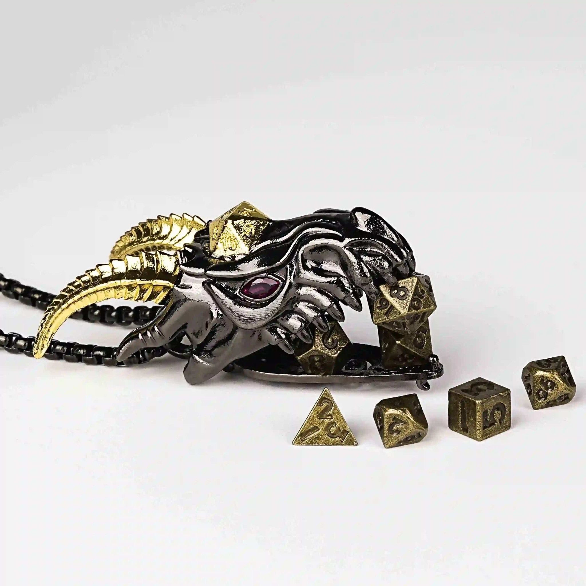 Super cool metal black dragon head dice necklace +mini metal dice set - Bear Dice