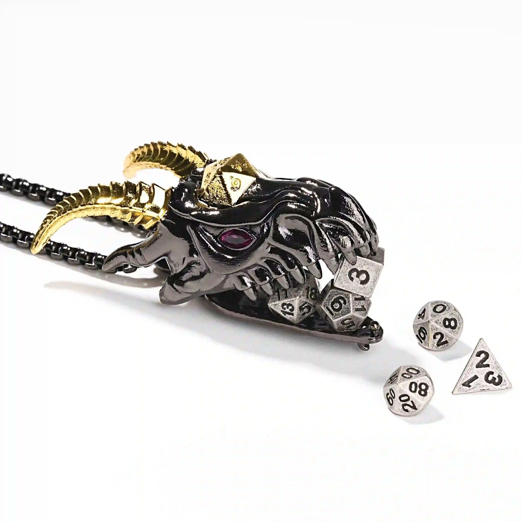 Super cool metal black dragon head dice necklace +mini metal dice set - Bear Dice