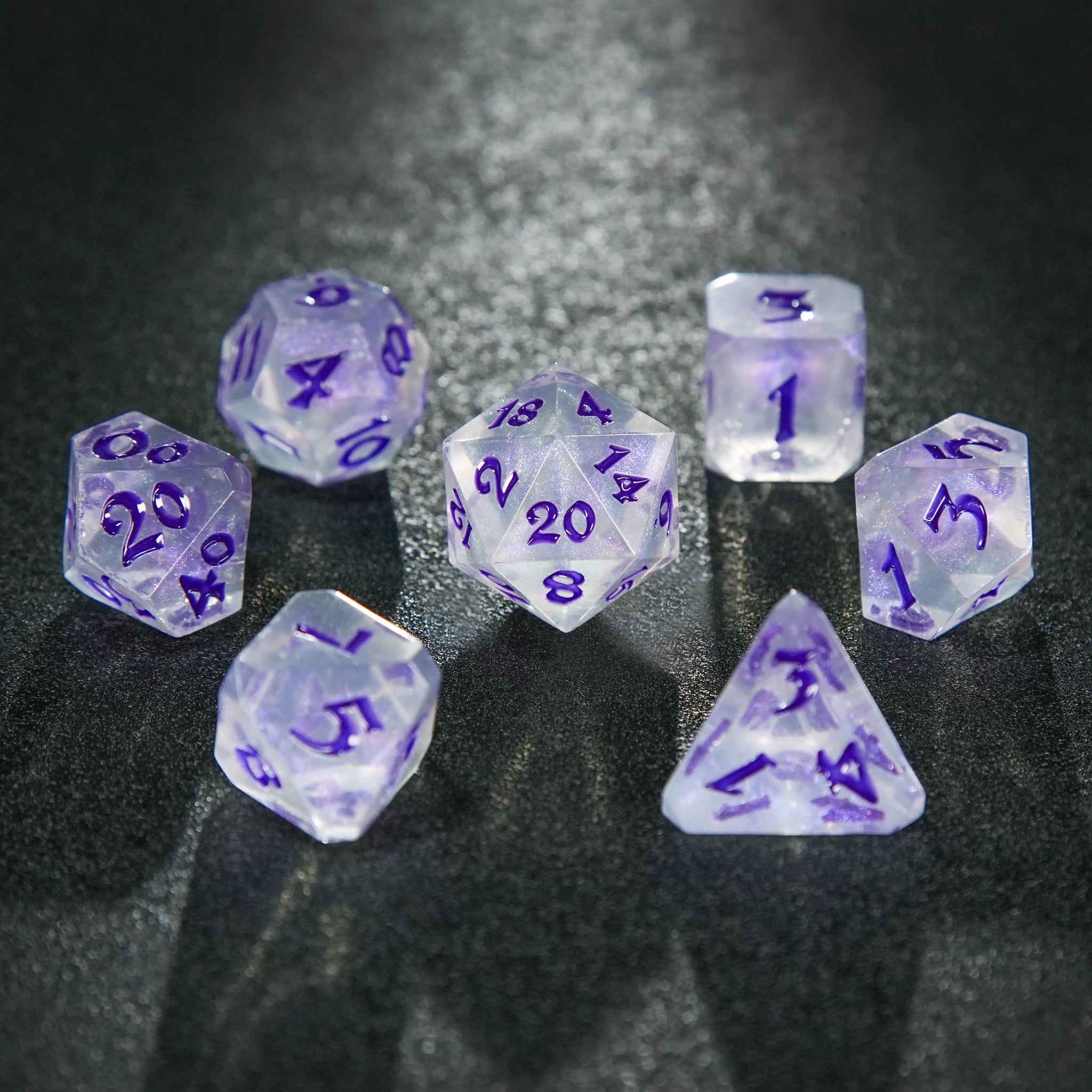 Transparent flat - angle acrylic polyhedron RPG dice set + purple liquid font - Bear Dice
