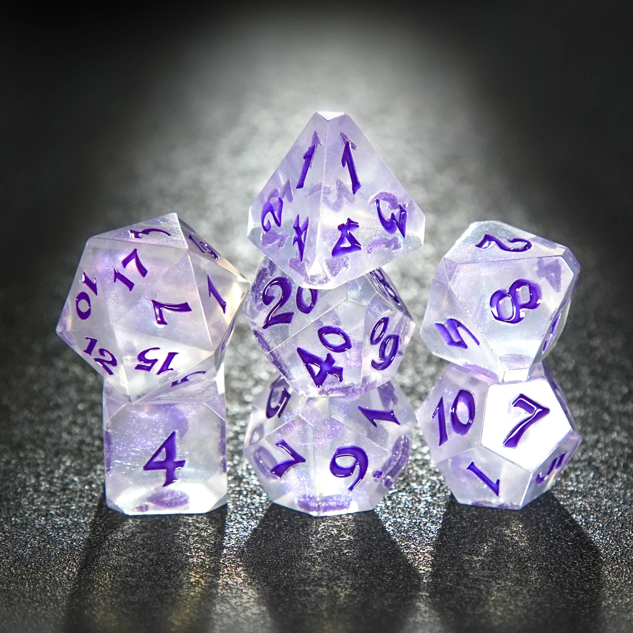 Transparent flat - angle acrylic polyhedron RPG dice set + purple liquid font - Bear Dice