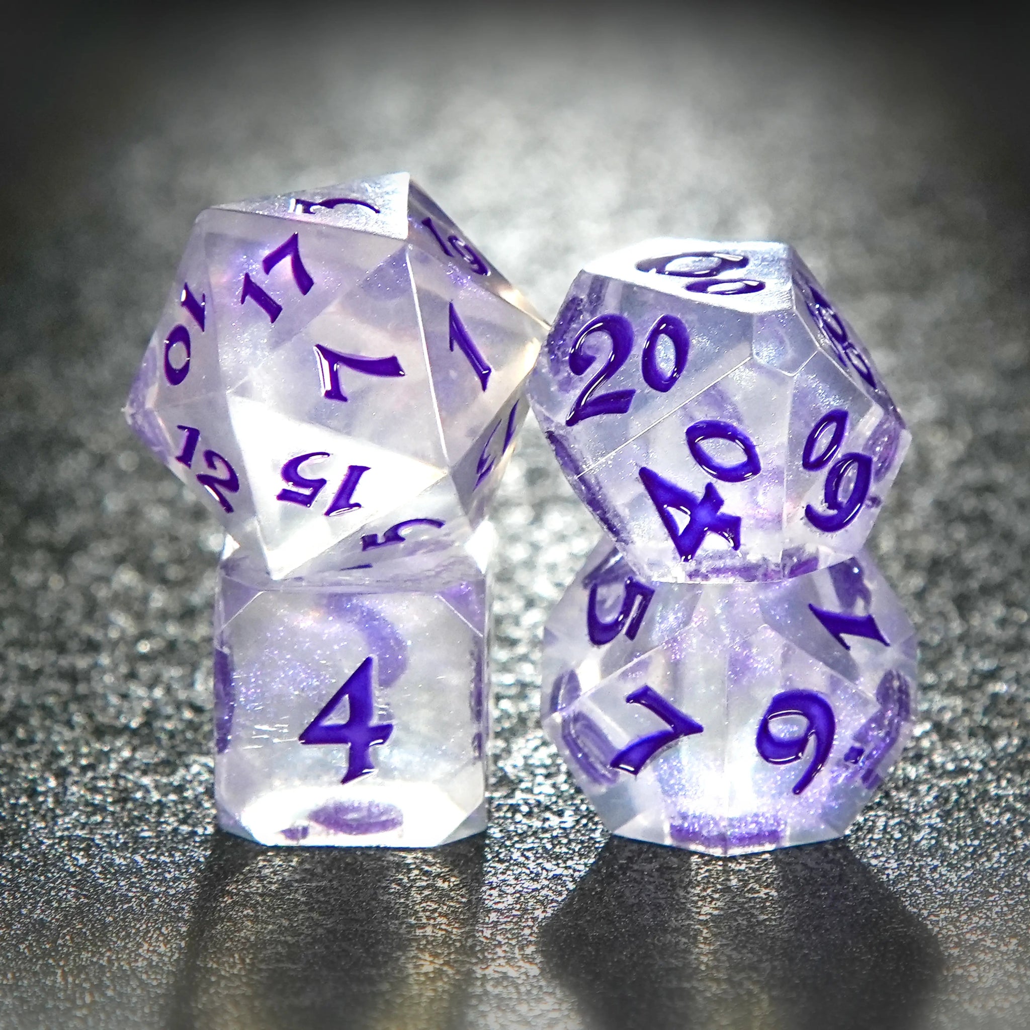 Transparent flat - angle acrylic polyhedron RPG dice set + purple liquid font - Bear Dice