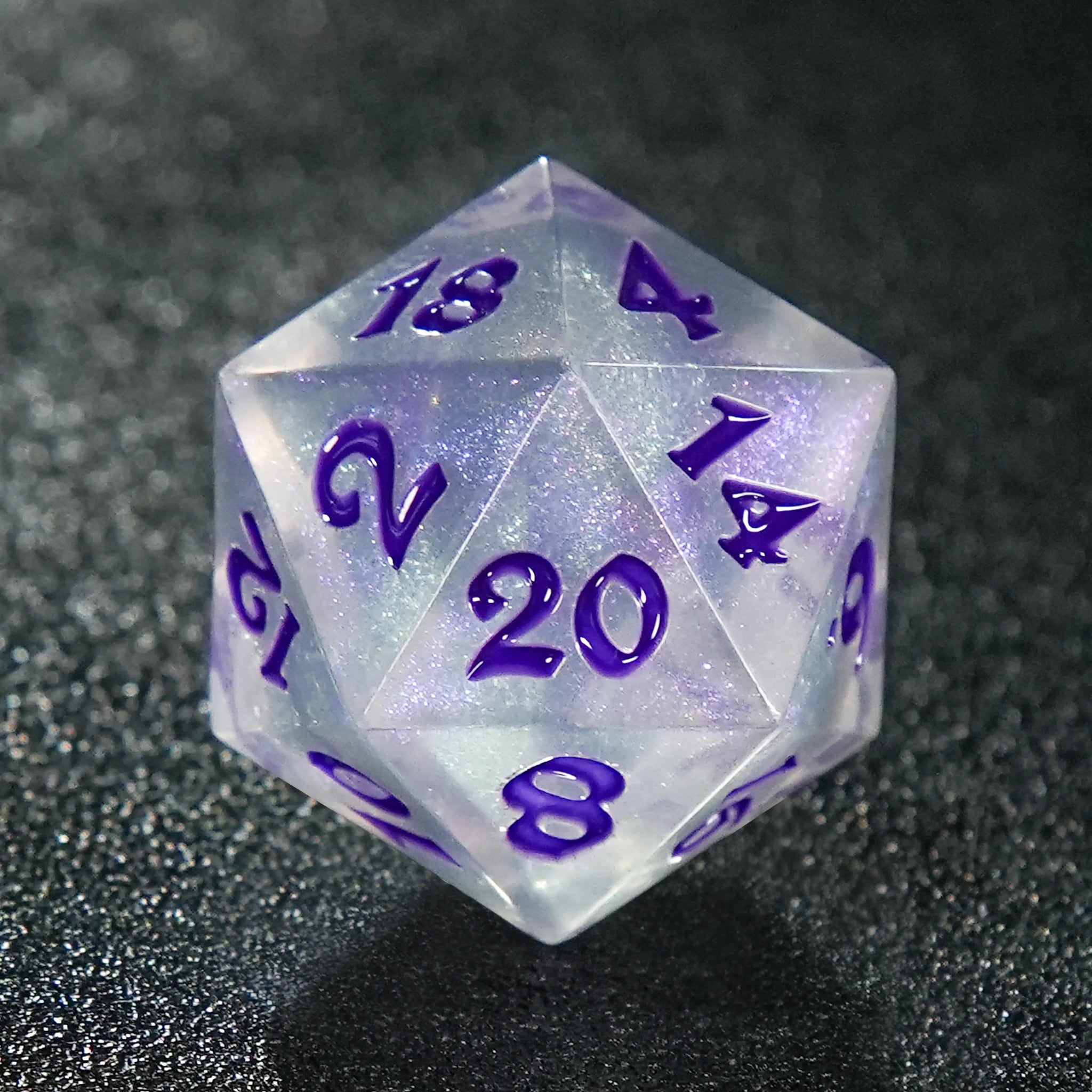 Transparent flat - angle acrylic polyhedron RPG dice set + purple liquid font - Bear Dice