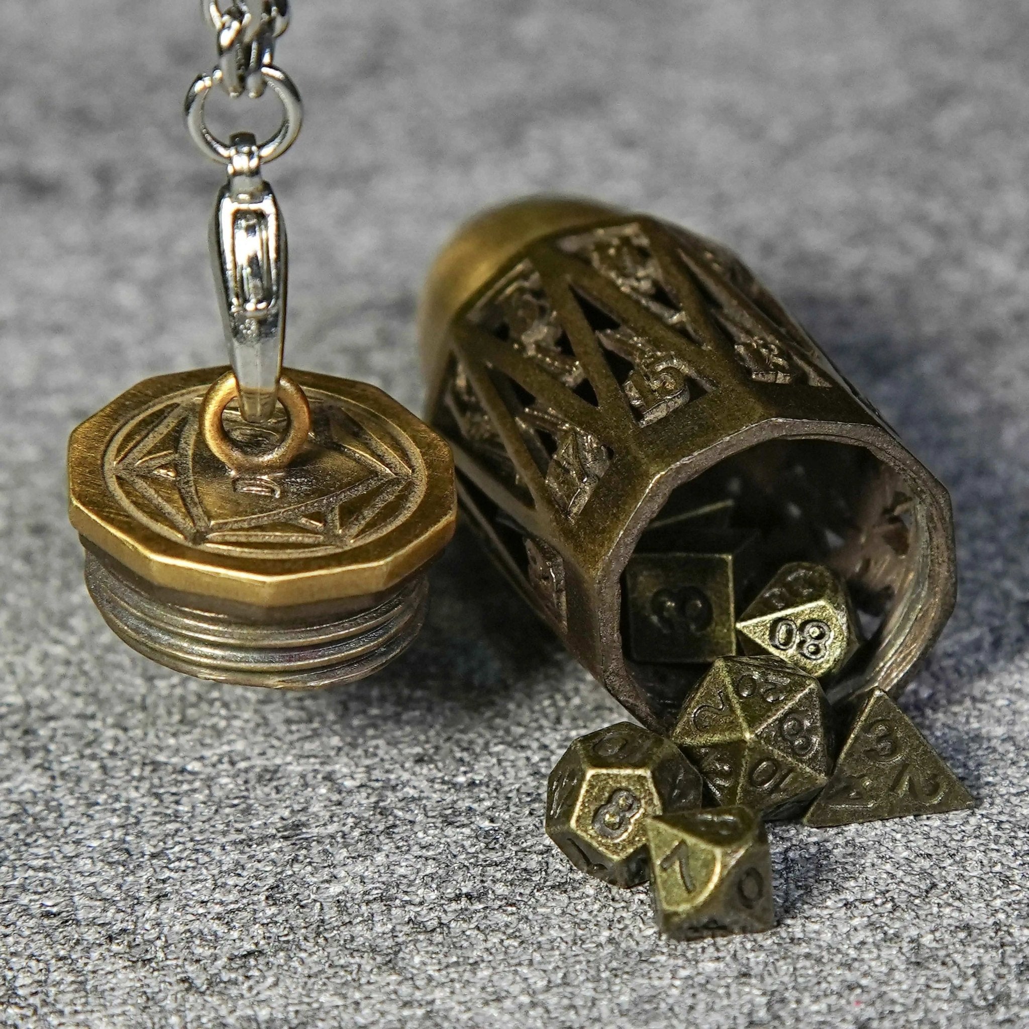 Unique Bullet Shape Antique Gold Hollow Metal D20 Dice Cage Necklace + Mini Dice Set - Bear Dice