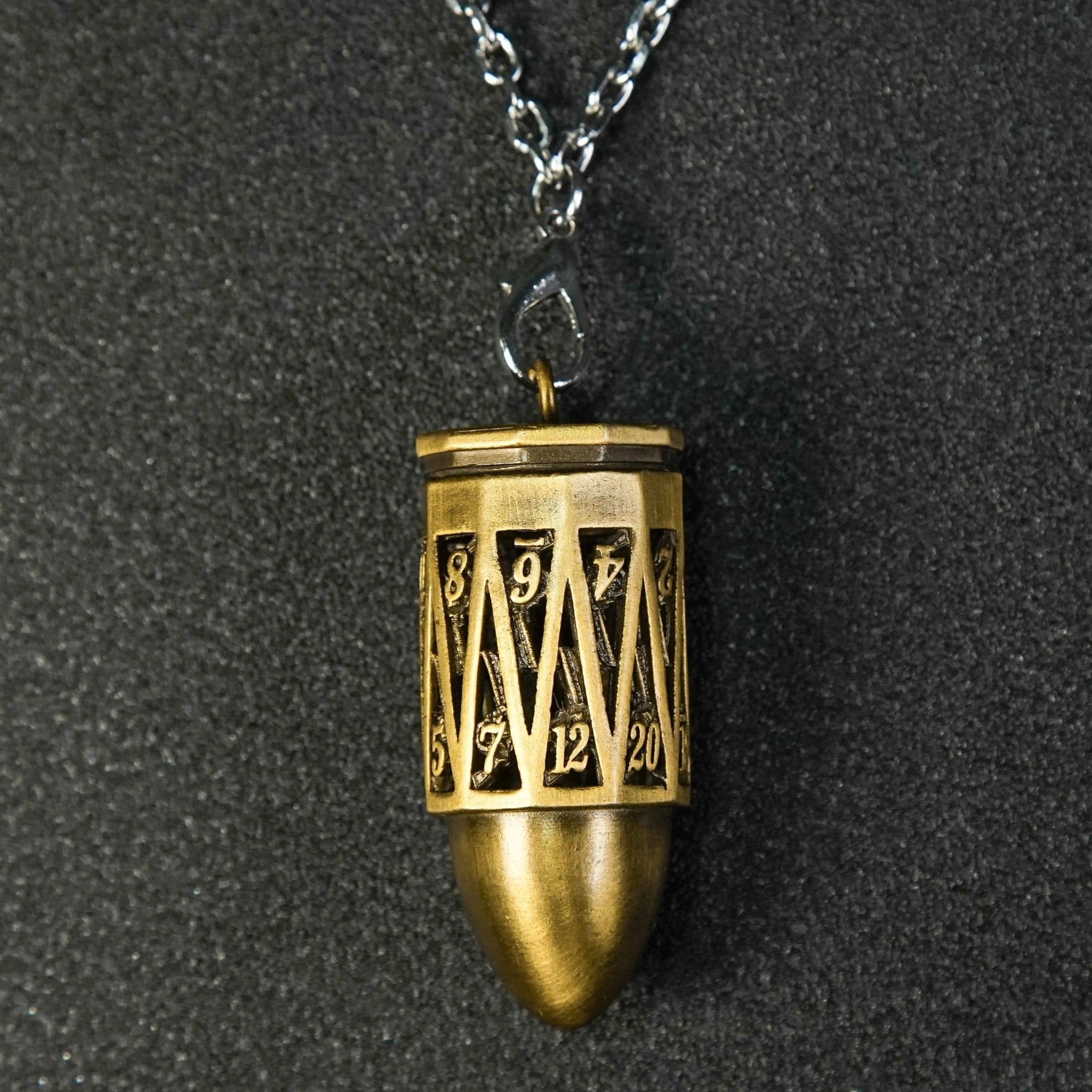 Unique Bullet Shape Antique Gold Hollow Metal D20 Dice Cage Necklace + Mini Dice Set - Bear Dice