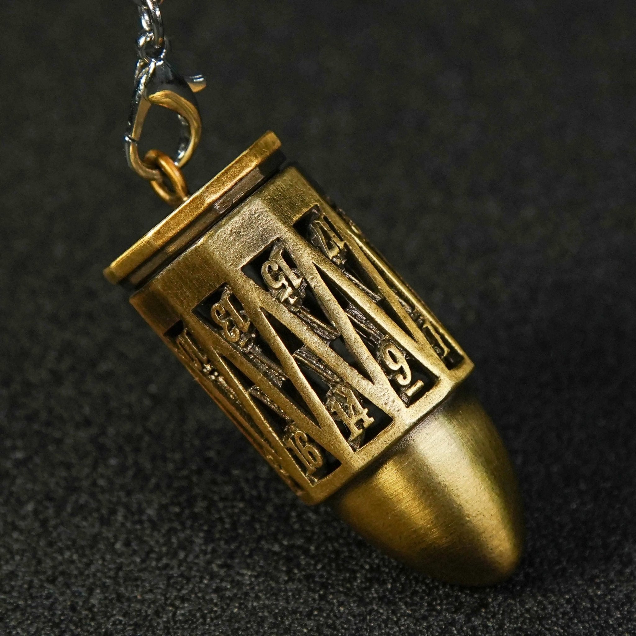 Unique Bullet Shape Antique Gold Hollow Metal D20 Dice Cage Necklace + Mini Dice Set - Bear Dice